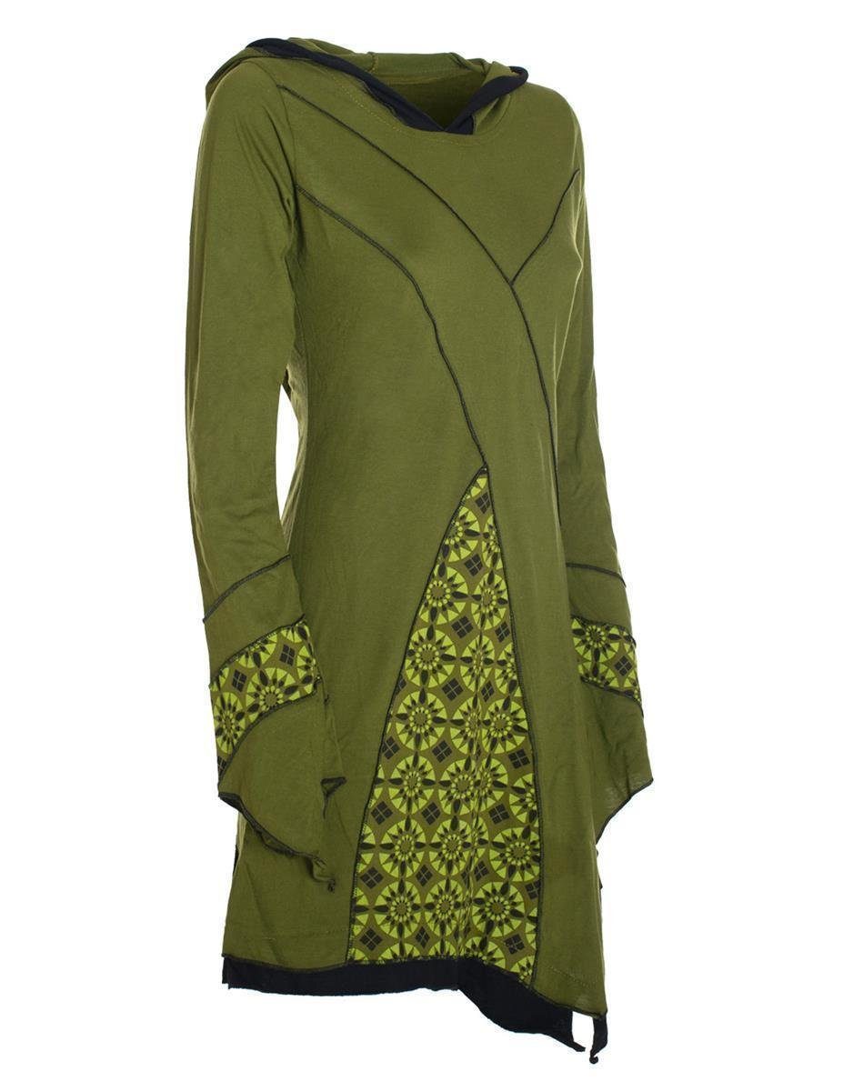 Vishes Zipfelkleid Langarm Damen Elfen Elfentunika olive Style Hippie, Boho, Zipfelige Goa Zipfelkleid Bedruckt