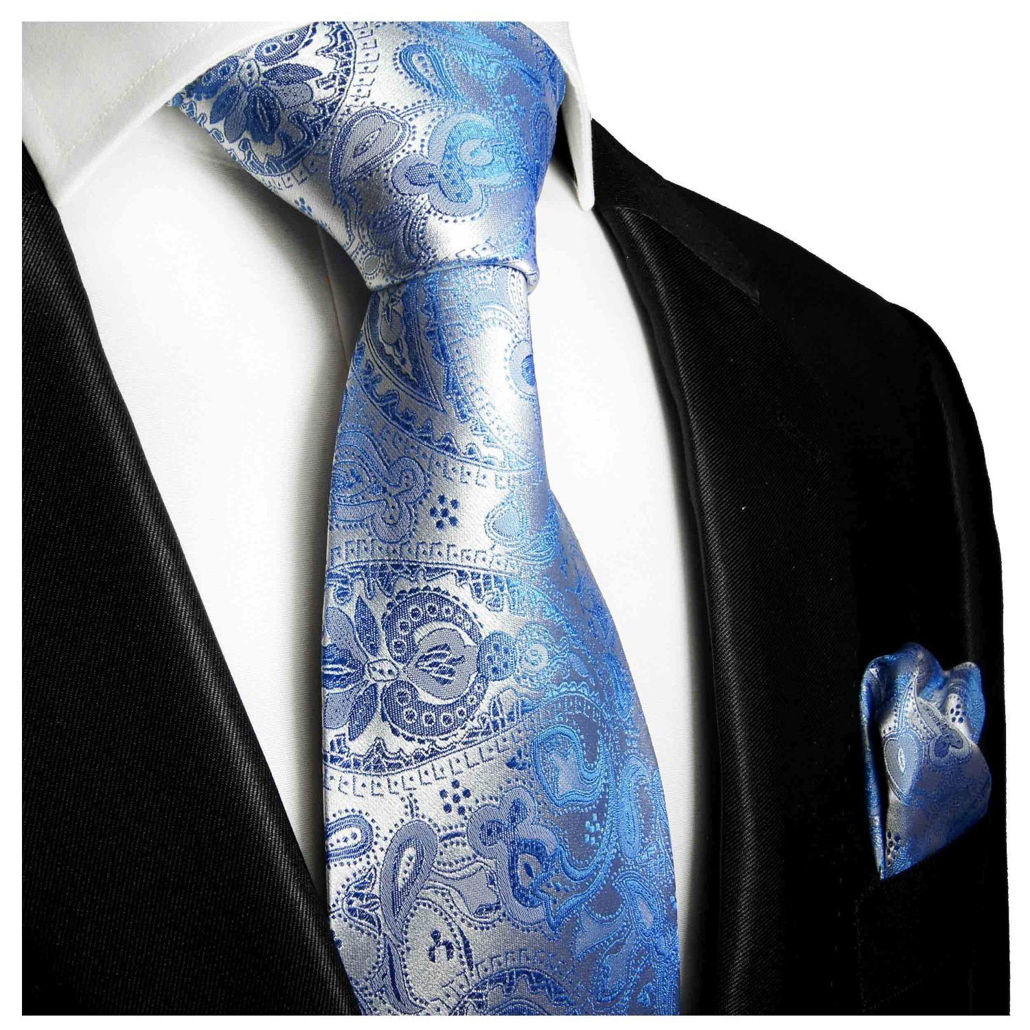 Paul Malone Krawatte Herren Seidenkrawatte mit Tuch Hochzeit festlich  paisley 100% Seide (Set, 2-St., Krawatte mit Einstecktuch) Breit (8cm),  blau silber 428