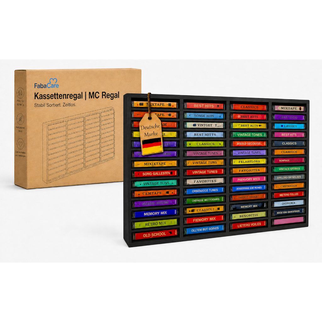 FabaCare CD-Regal MC Regal aus Holz für 60 Kassetten, Kassettenregal