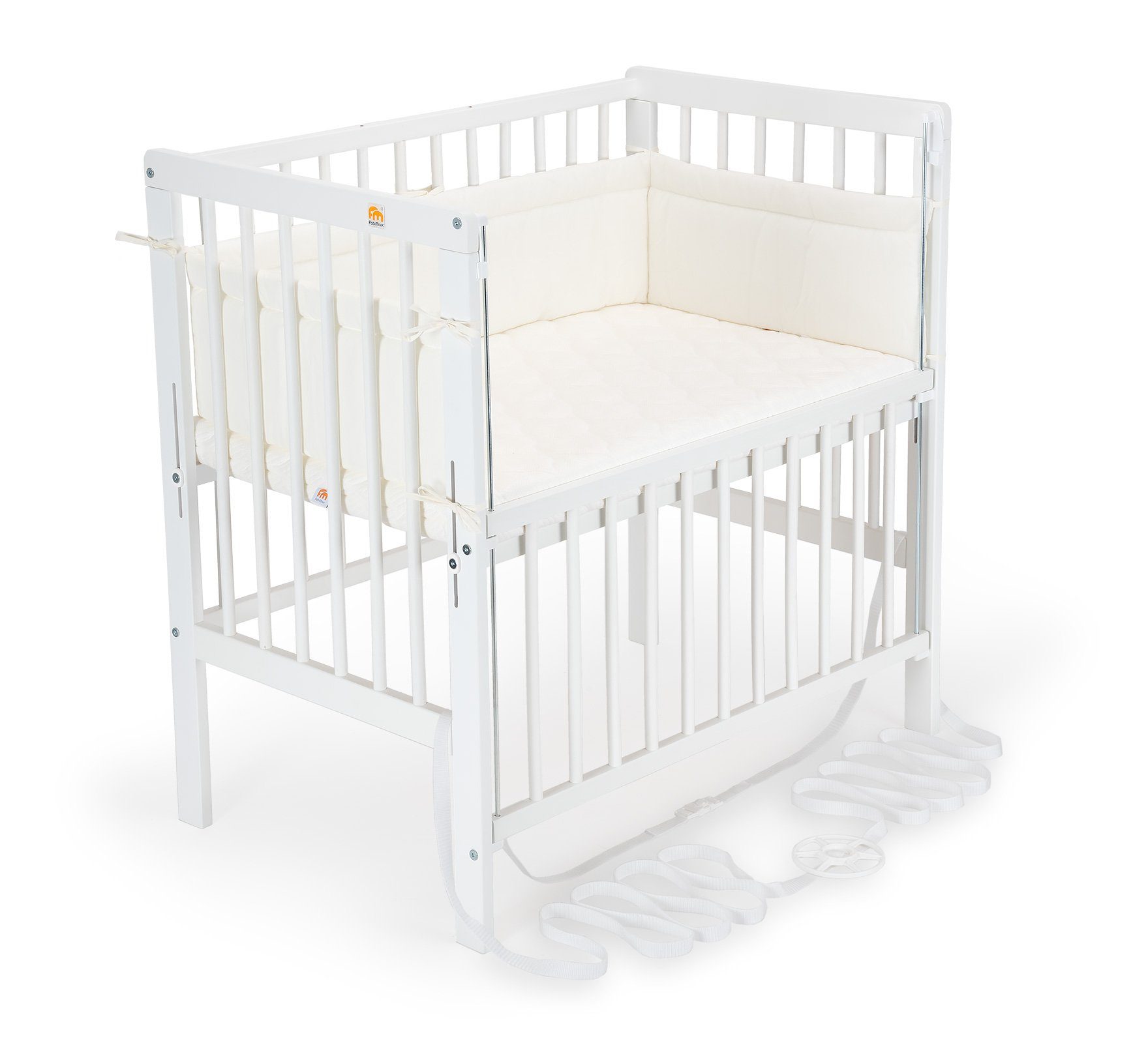 FabiMax Beistellbett Flex weiß, 2in1, Beistellbett und Stubenbettchen in Einem, innovatives Seitenteil