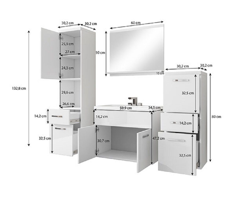 5-St., Spiegel 1 ALBA, Waschbeckenunterschrank + + 1 grau + Hochglanz Waschbecken Feldmann-Wohnen (Set, Hängeschränke wählbar), 2 1 Farbe weiß / Badmöbel-Set