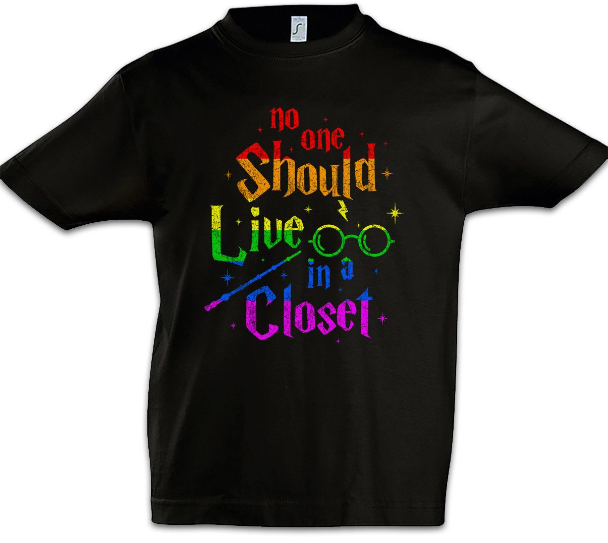 Print-Shirt No One Should Live In A Closet Kinder T-Shirt Gay Schwul Harry Pride