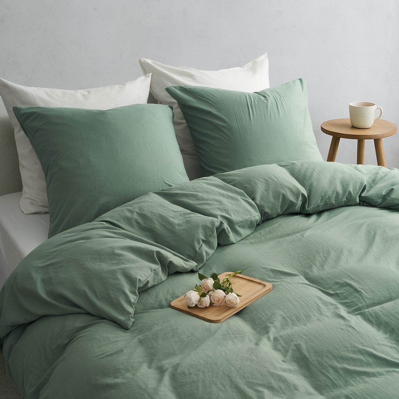 Topfinel Bettwäsche Bettwäsche 135x200 4teilig weiche Vorgewaschene Hautfreundlich, 2 teilig, 1 Bettbezüge 135 x 200 1 Kissenbezüge 80x80 Reißverschluss Salbeigrün