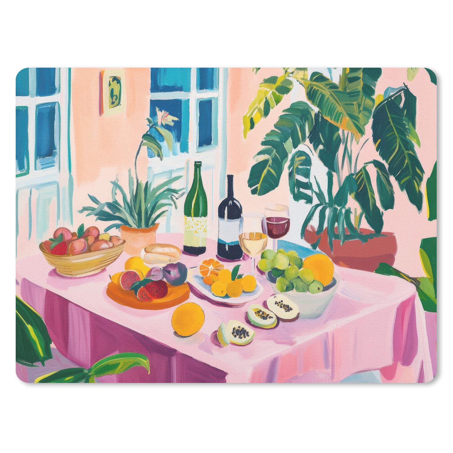 MuchoWow Mauspad Tisch - Wein - Obst (1-St), Gaming, Mousepad Klein, Büro Zubehör, Mausunterlage, 23x19 cm