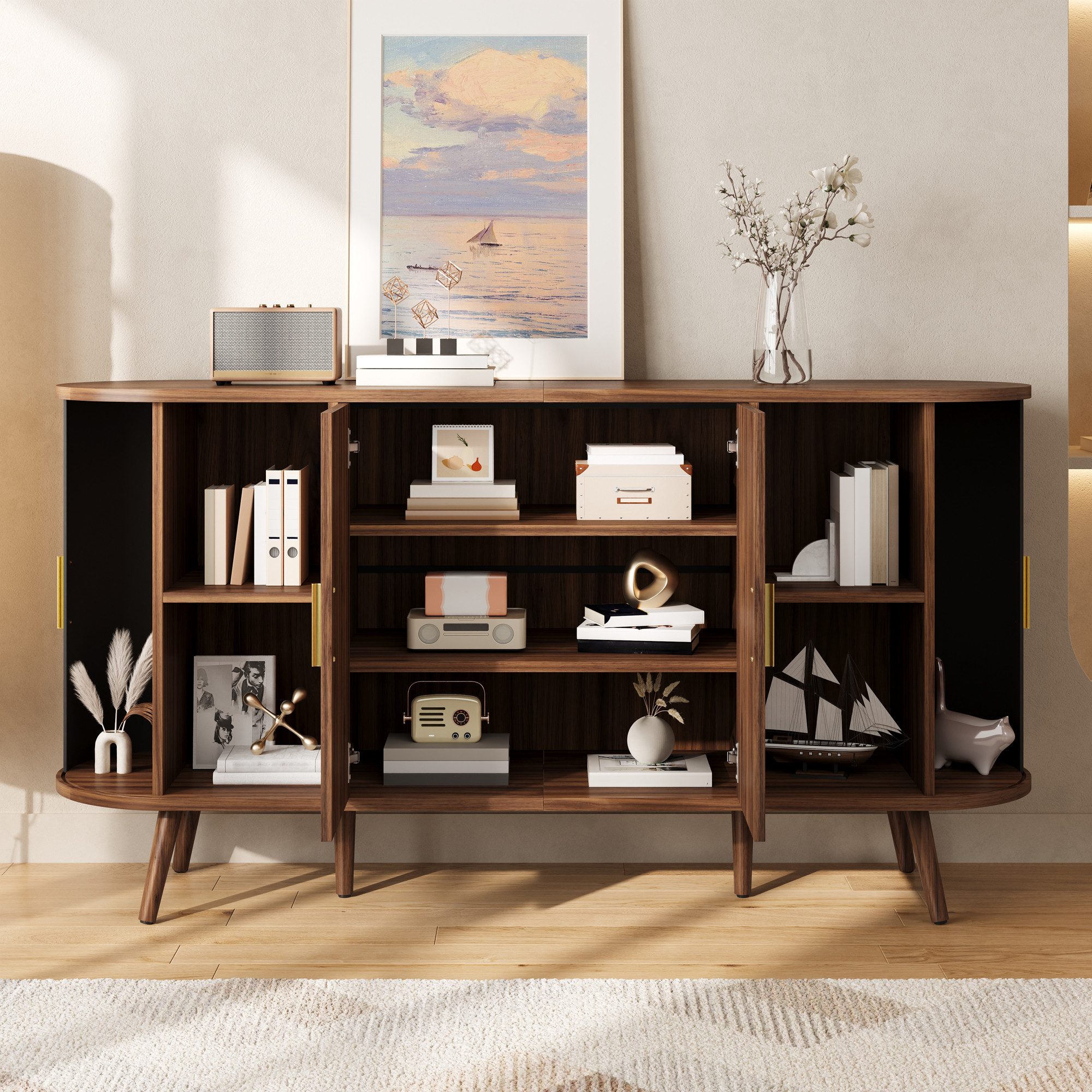 Merax Sideboard mit vertikaler Rillenstruktur und gebogenem Design (150 L x 40 B x 79 H cm, 1 St., Wohnzimmerschrank Aufbewahrungsbuffet Esszimmerschrank), Kommde mit Schiebetüren, Metallgriffen, Massivholzfüßen & Stauraum