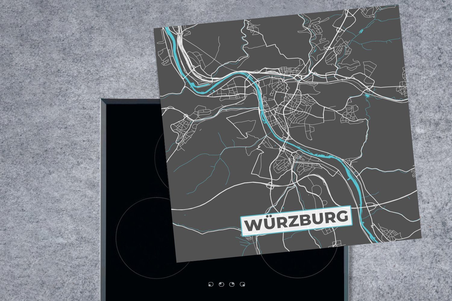 für MuchoWow Ceranfeldabdeckung, - Würzburg, (1 - Herdblende-/Abdeckplatte cm, Stadtplan Karte - küche Blau 78x78 Deutschland - Vinyl, tlg), Arbeitsplatte