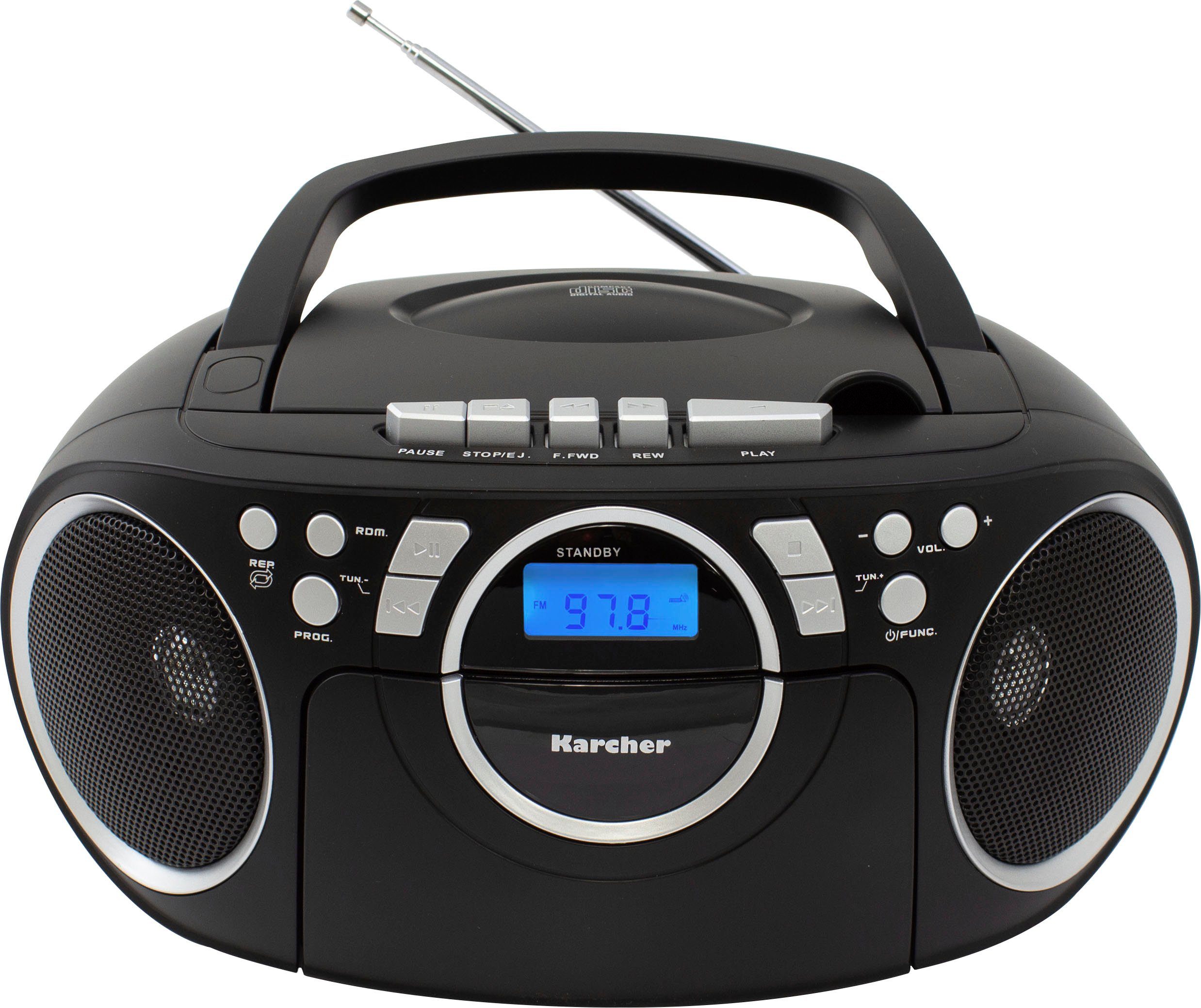 Karcher RR 5042-R Boombox (FM-Tuner, UKW mit RDS, 3 W, CD-Player, Kassettenplayer, AUX-Anschluss, tragbares Radio)