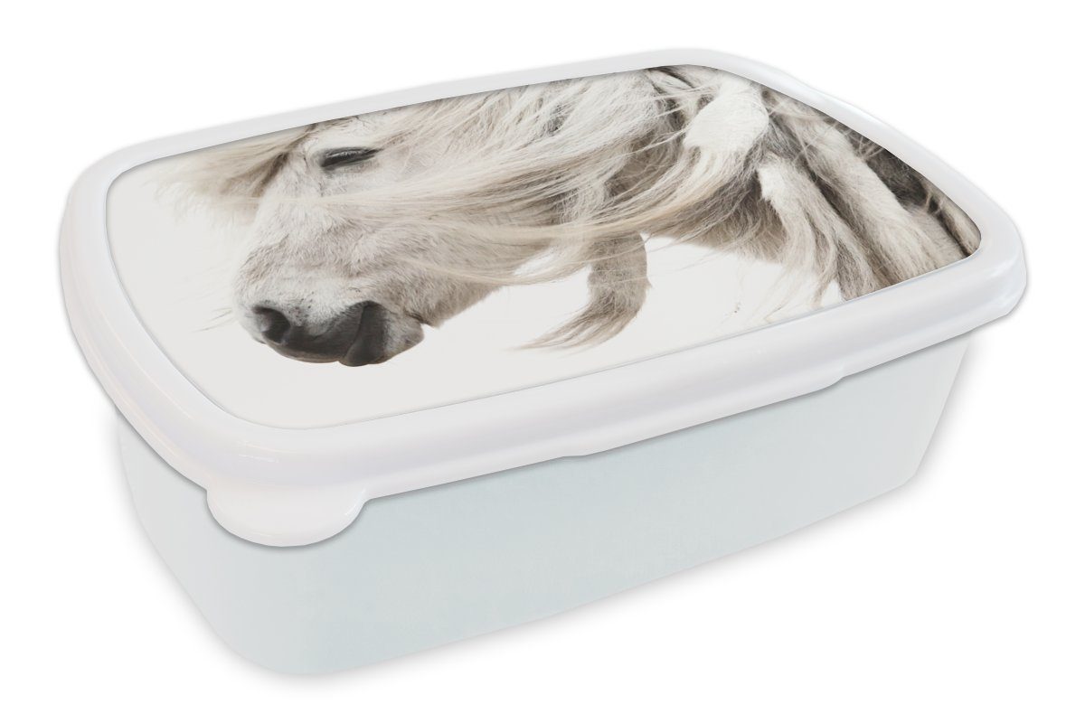 MuchoWow Lunchbox Pferd - Grau - Weiß, Kunststoff, (2-tlg), Brotbox für Kinder und Erwachsene, Brotdose, für Jungs und Mädchen