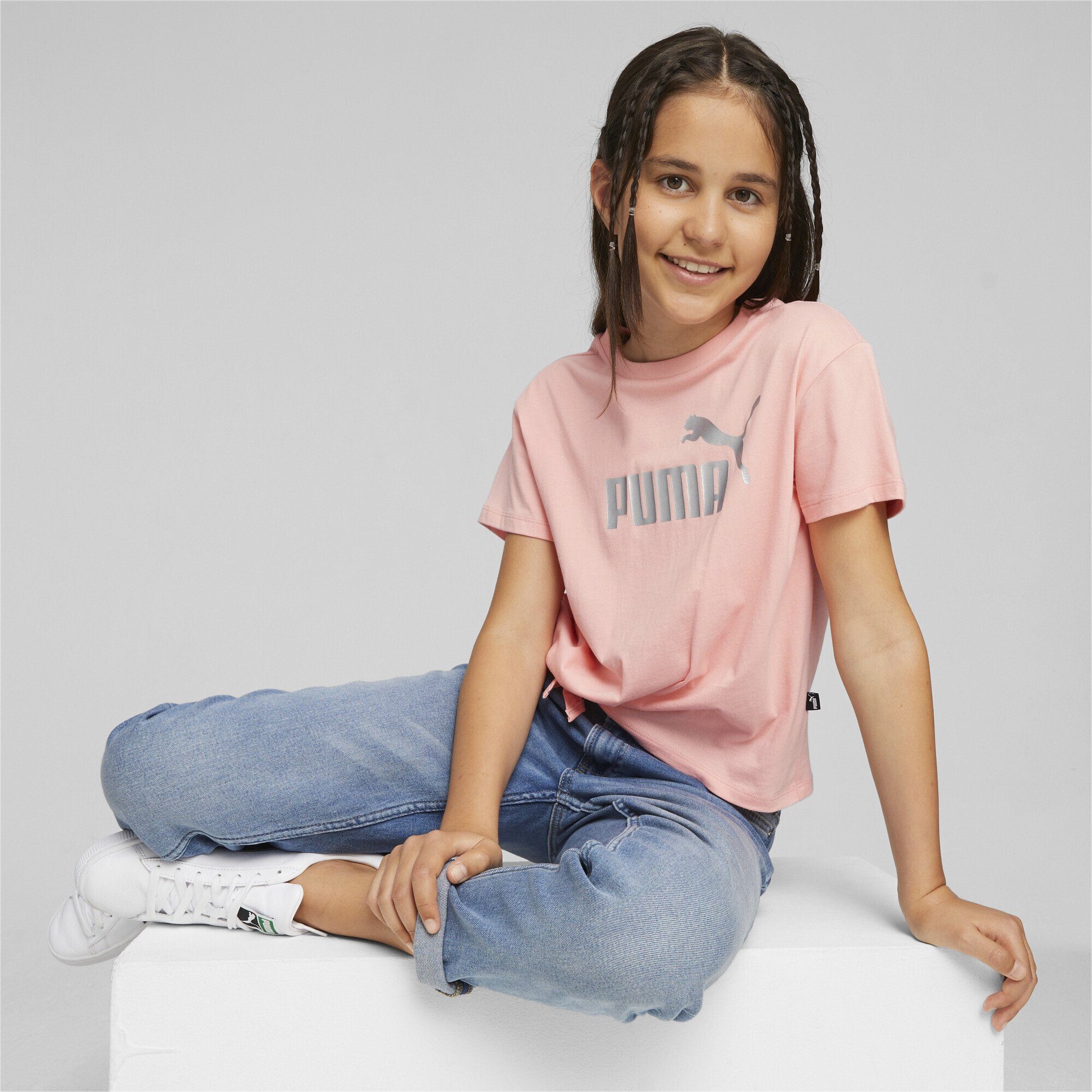 PUMA T-Shirt Essentials+ Peach T-Shirt Strick Logo Pink Mädchen aus Smoothie