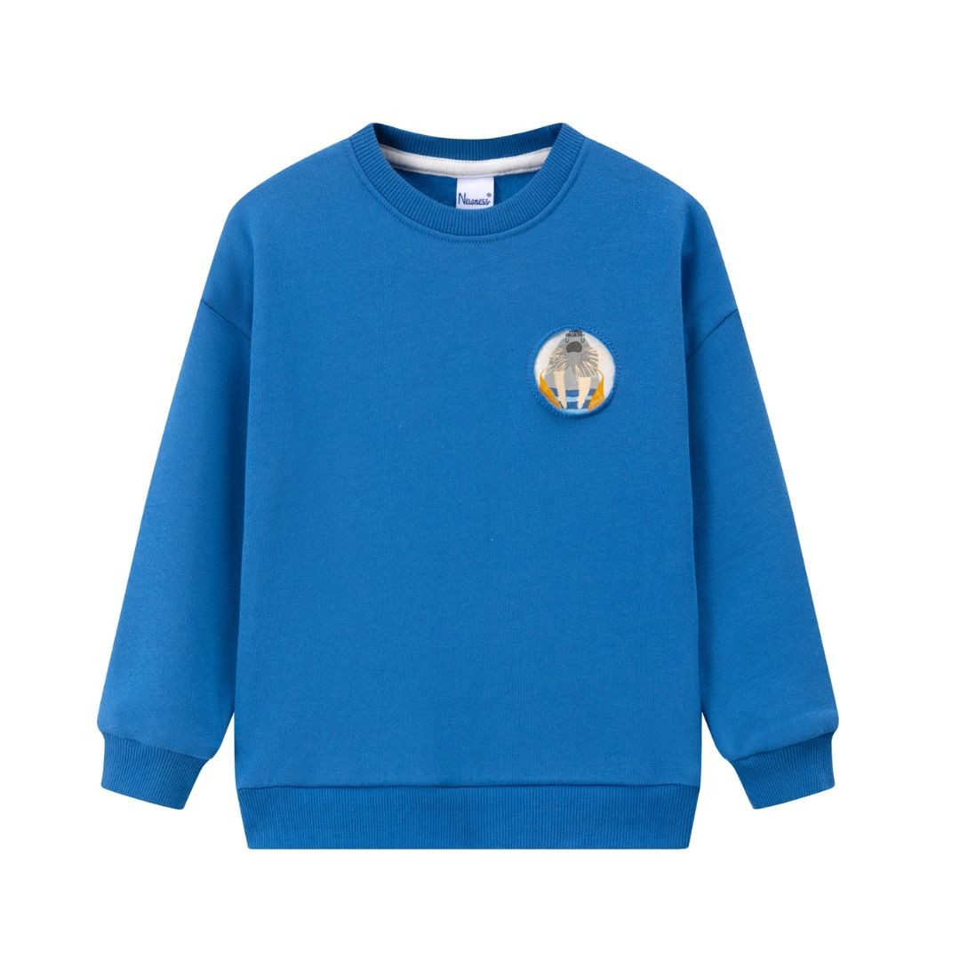 Sweatshirt Pullover Langarm für Jungen blau mit witziger Applikation