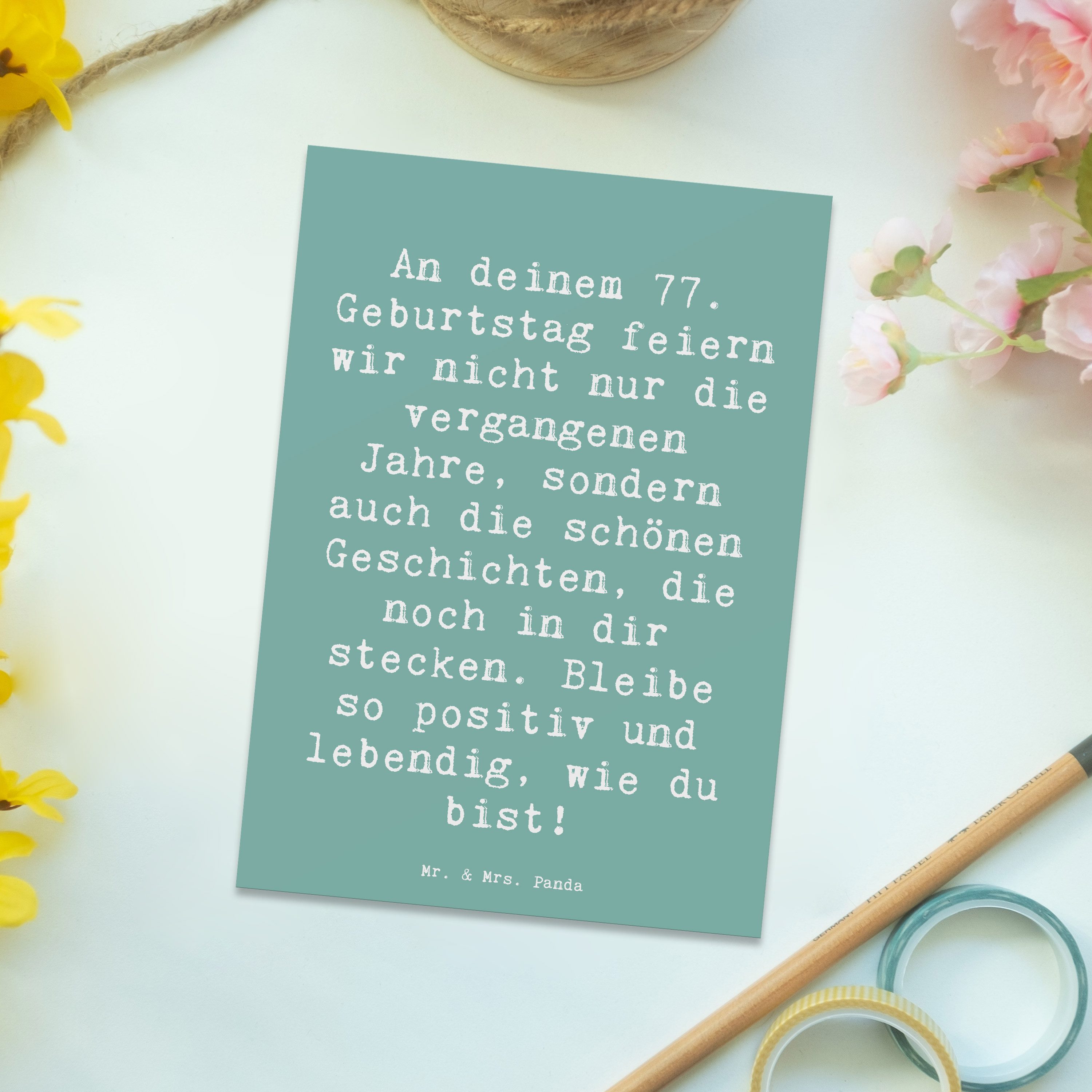 Mr. & Mrs. Panda Postkarte Spruch 77. Geburtstag Geschichten, Grußkarte, Meeresbrise, Postkarte