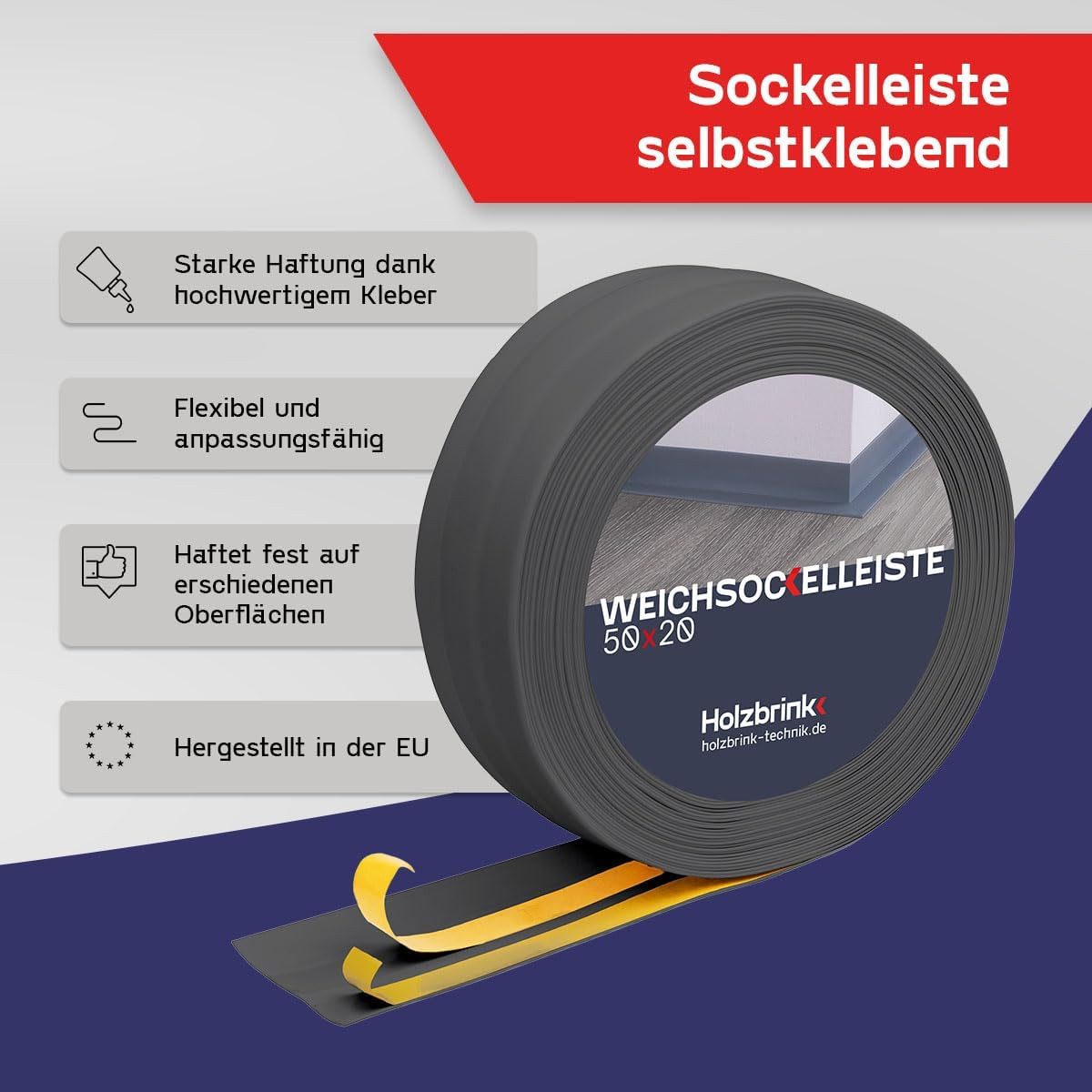 HOLZBRINK Sockelleiste HOLZBRINK selbstklebend PVC 50x20mm, 1 m, L: 100 cm, 1m Rolle, Küchenleiste Abschlussleiste für Badezimmer Farbe: Dunkelgrau – Bild 3 von 5