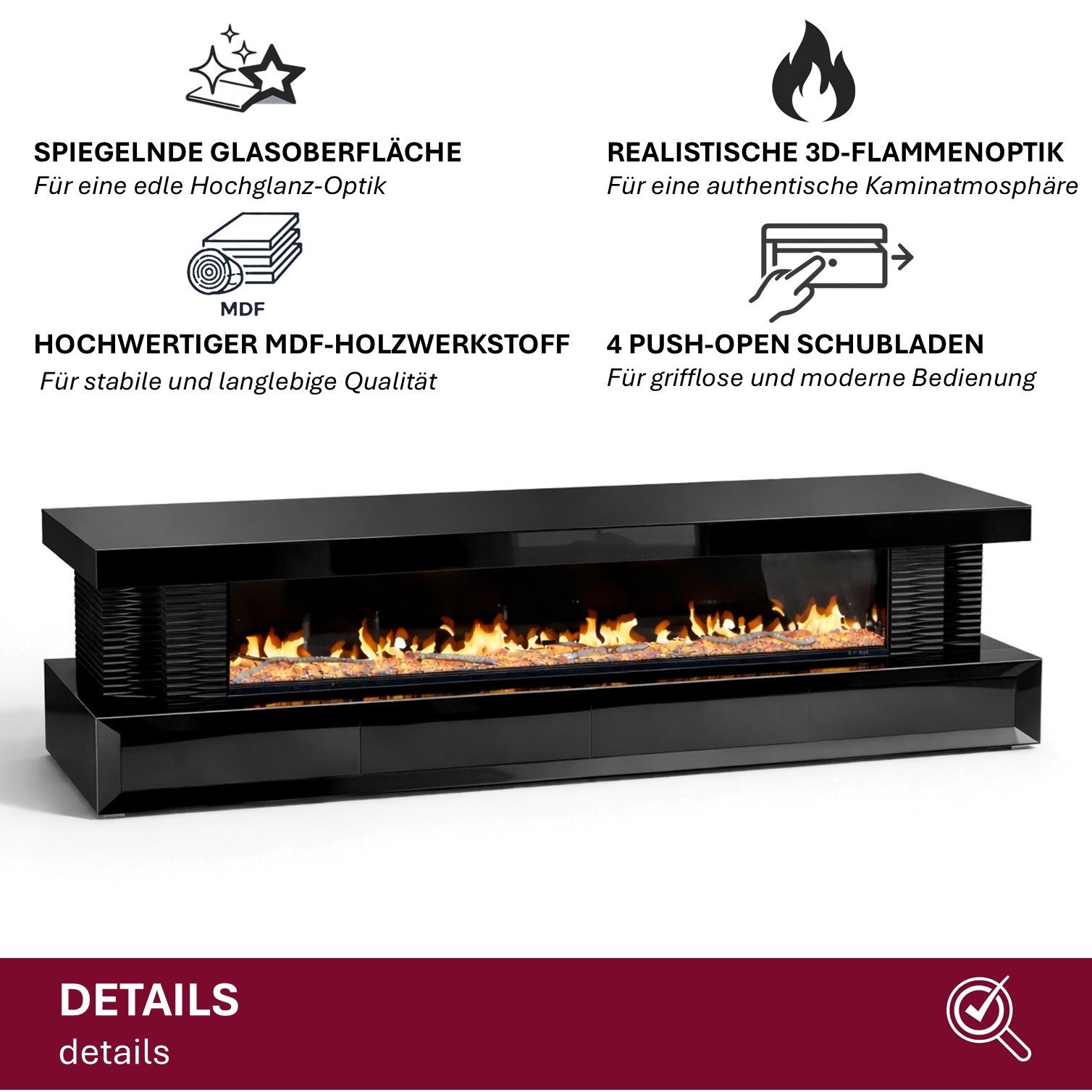 HOOZ TV-Schrank TV Lowboard mit Kamin – modernes Design Schwarz eckig 200 cm (Einzelprodukt, 1-St., TV Möbel Einzelmöbel) 3D-Flammenoptik, Push-Open Schubladen, – Bild 2 von 5