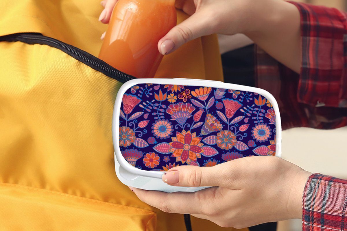 Lunchbox Blumen - Schmetterling und - Brotdose, weiß für Mädchen für Kinder Muster, (2-tlg), Brotbox und MuchoWow Erwachsene, Kunststoff, Jungs