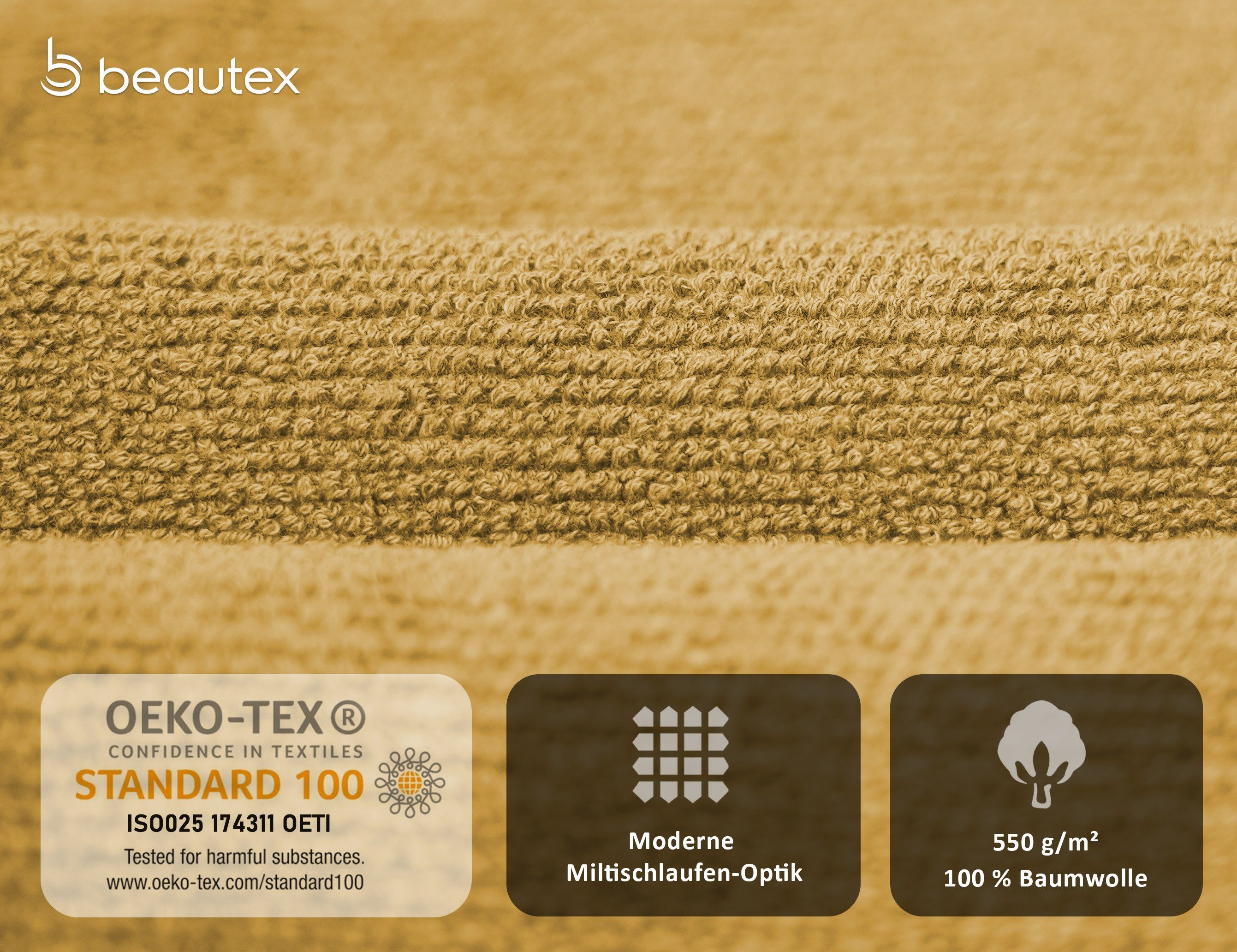 Frottier, Baumwolle Made 550g/m) Europe, Gold Frottier in Set, Handtuch 100% Set aus Premium Beautex Handtuch (Multischlaufen-Optik, Set