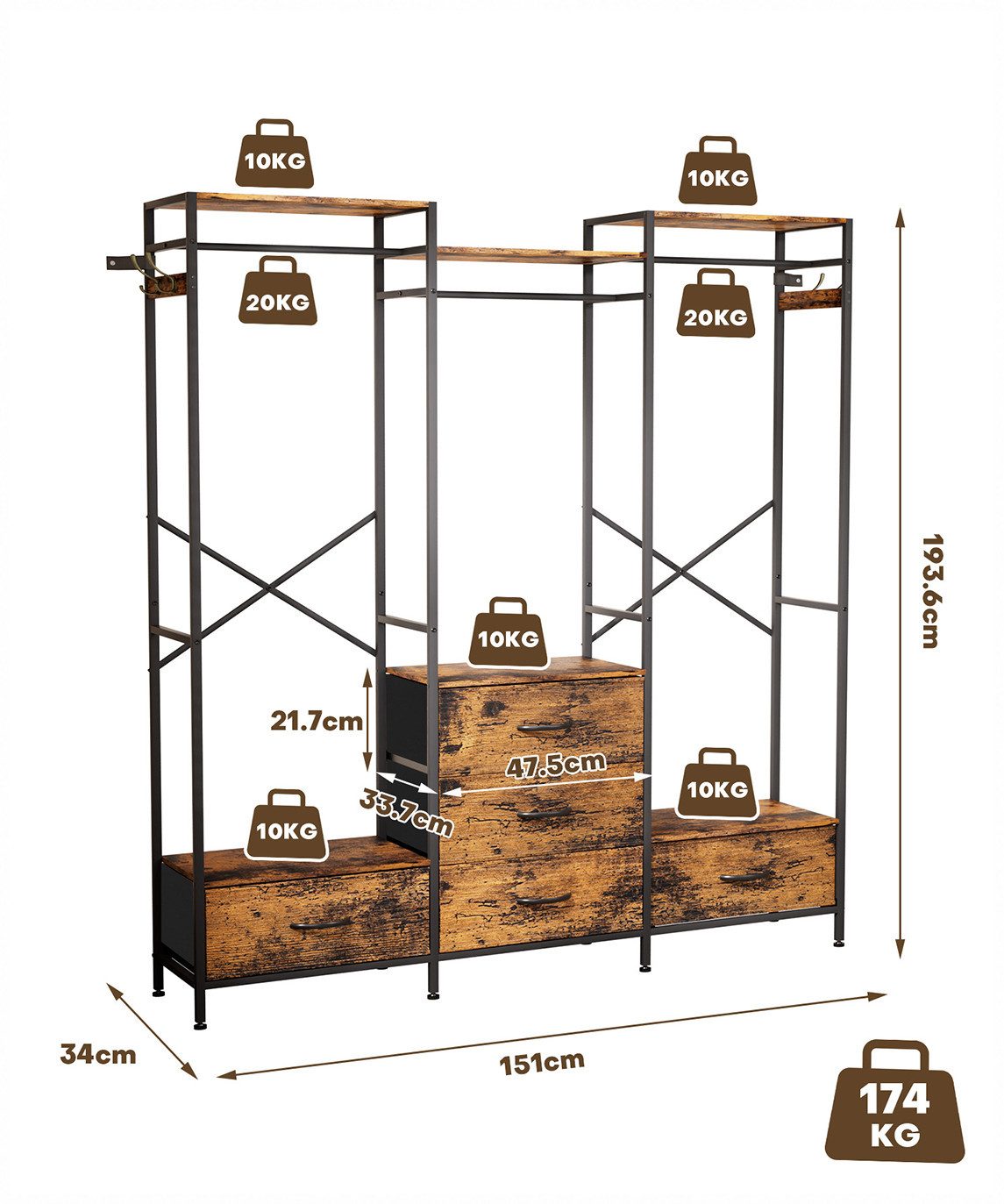 Yorbay Kleiderständer Kleiderregal mit 3 Kleiderstangen, 5 Schubladen & 4 Haken, (151x34x193,6 cm), Ideal als Garderobenständer für Schlafzimmer, Ankleidezimmer – Bild 3 von 5