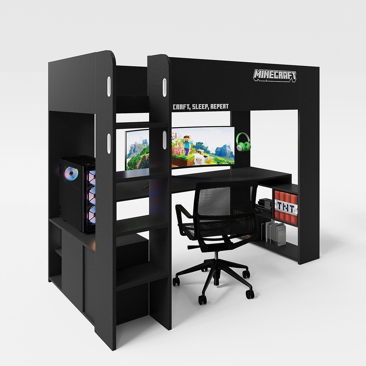 Kinderbett MINECRAFT, 90 x 200 cm, Schwarz, mit Leiter, Schreibtisch, B 227 x H 181 x T 96 cm