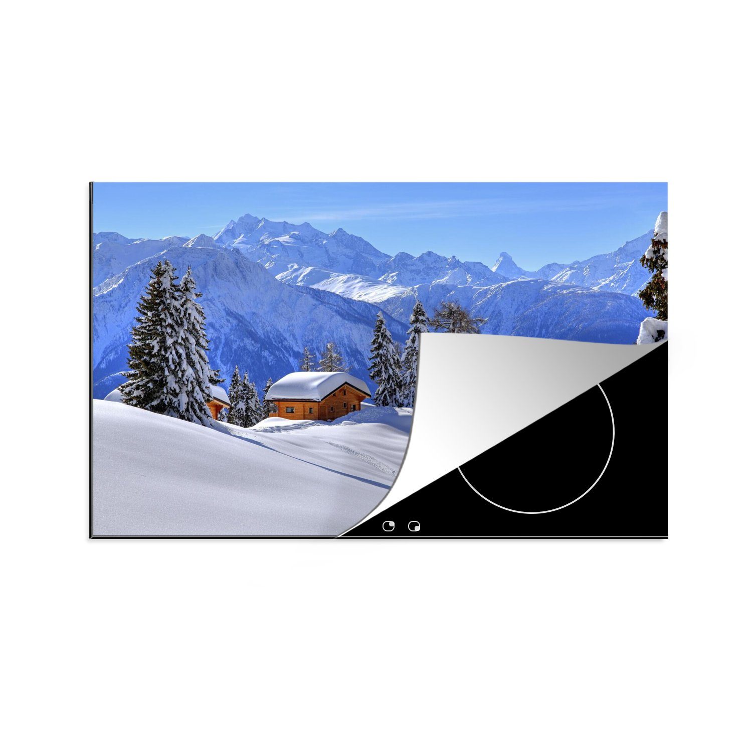 MuchoWow Herdblende-/Abdeckplatte Hütte in der Winterlandschaft der Schweiz, Vinyl, (1 tlg), 81x52 cm, Induktionskochfeld Schutz für die küche, Ceranfeldabdeckung