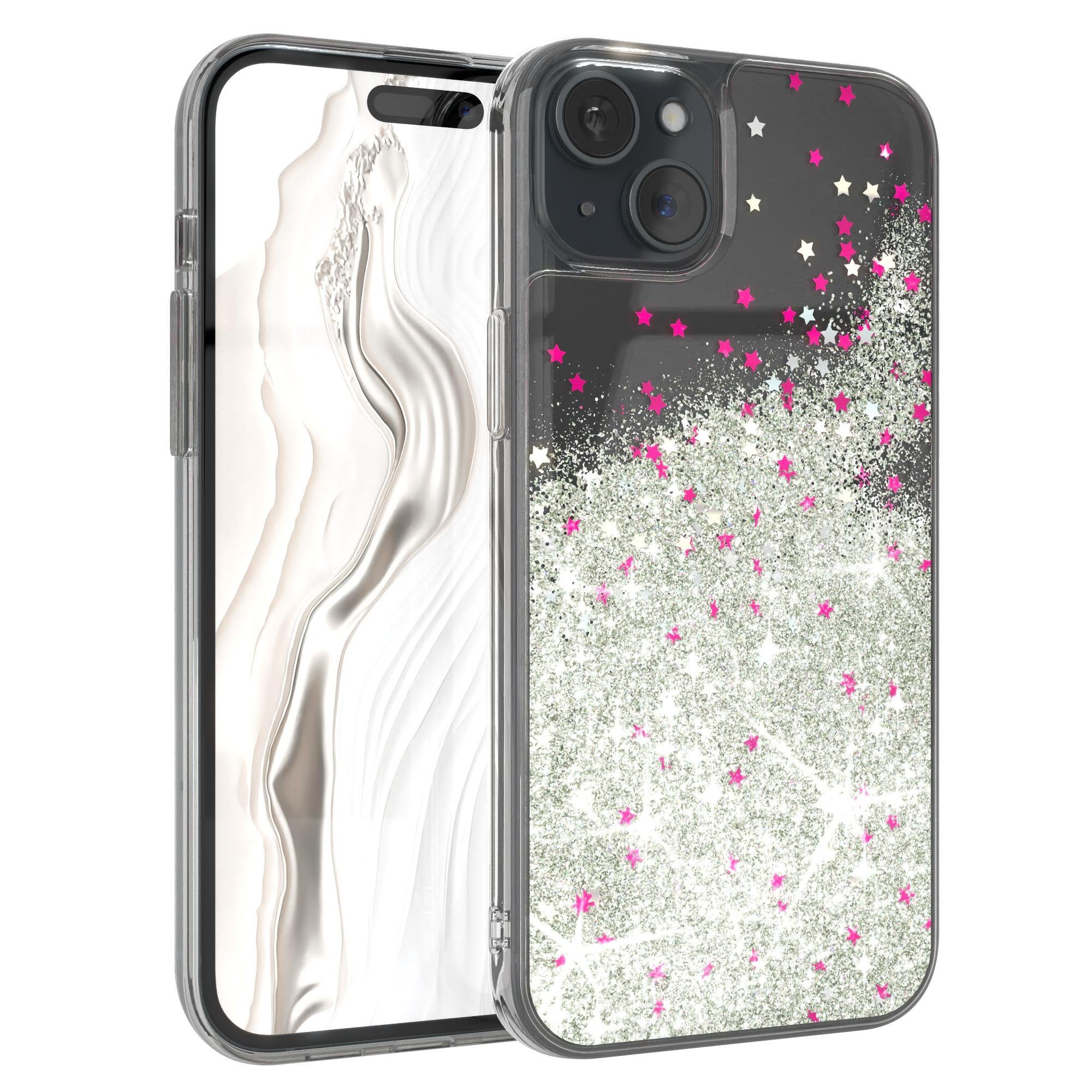 EAZY CASE Handyhülle Liquid Glittery Case für Apple iPhone 15 Plus 6,7 Zoll, Kratzfeste Silikonhülle stoßfestes Back Cover Phone Case Etui Silber