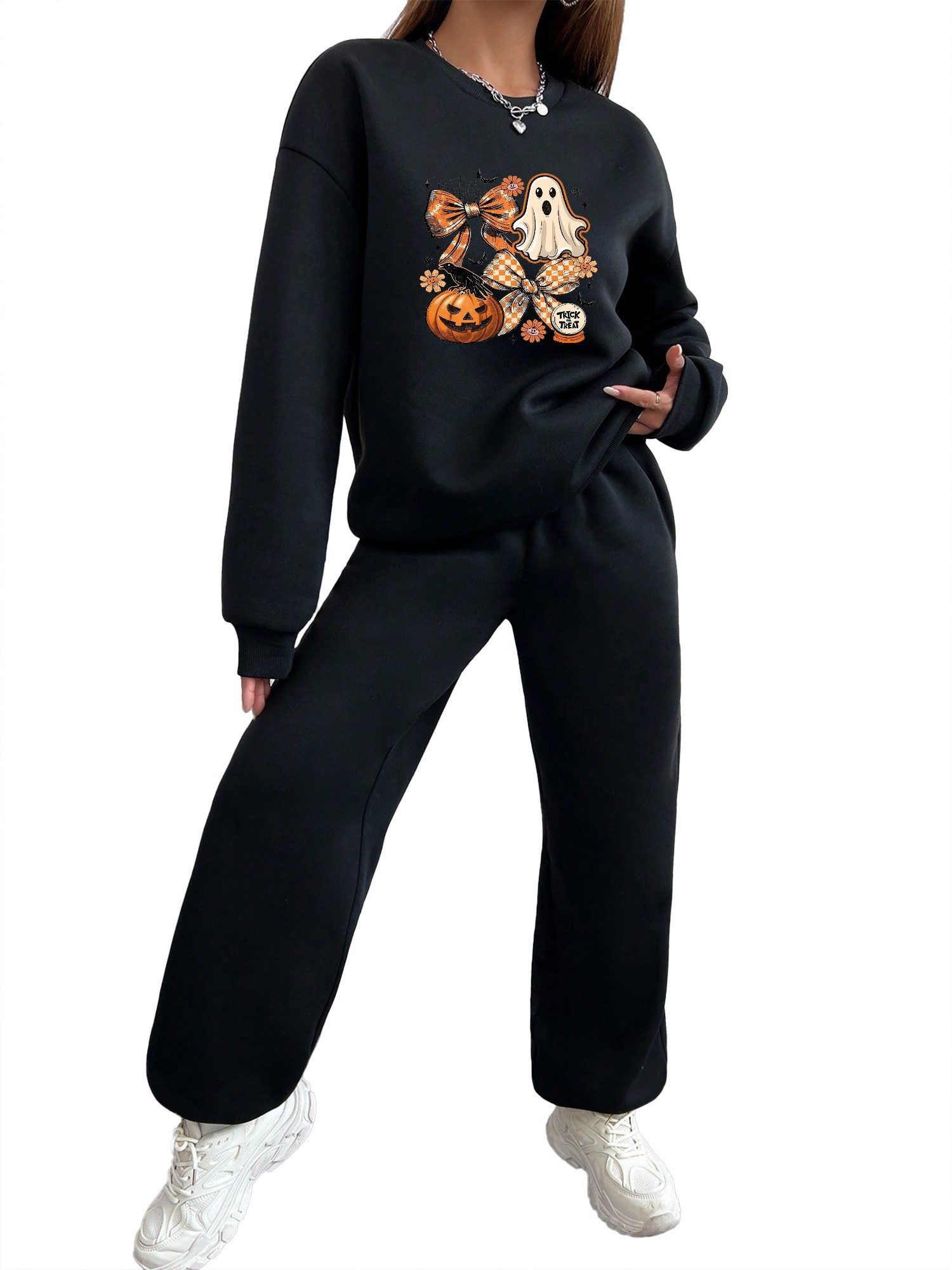 PYLIKE Jogginganzug Bequemer Lounge-Set Damen,Halloween Print Fleecepullover & Baggy-Hose (Set, Sweatshirt & Jogginghose mit Taschen), Sweatshirt & Jogginghose mit Taschen