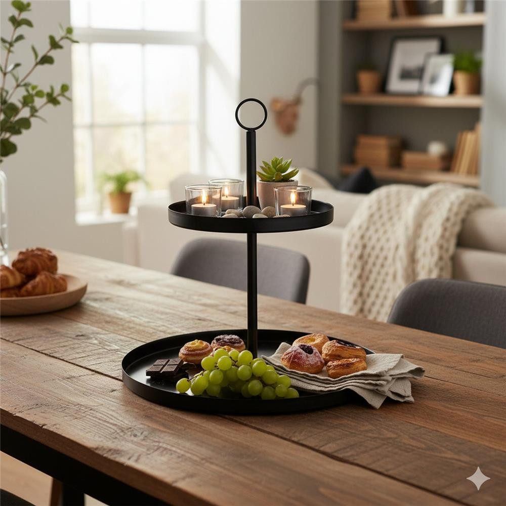 BOLTZE Etagere Servierständer Samina Metall schwarz Höhe 33cm, 2-stöckig rund freistehend Obstständer Gebäckständer