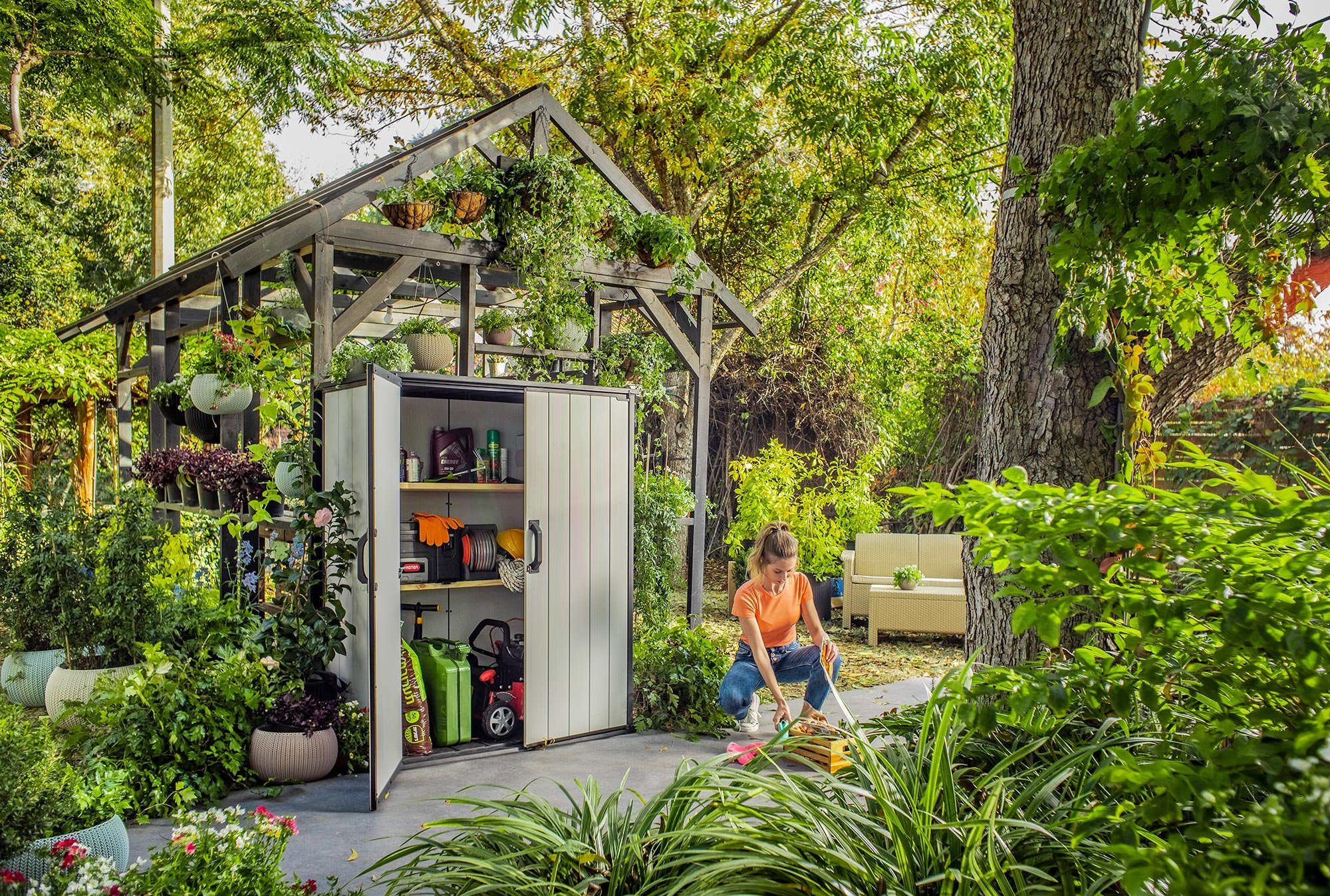 Keter Geräteschrank High Store Plus Gerätehaus, Duotec, Schuppen wetterfest, abschließbar, anstreichbar, 139,5 x 77,1x 170,4 cm