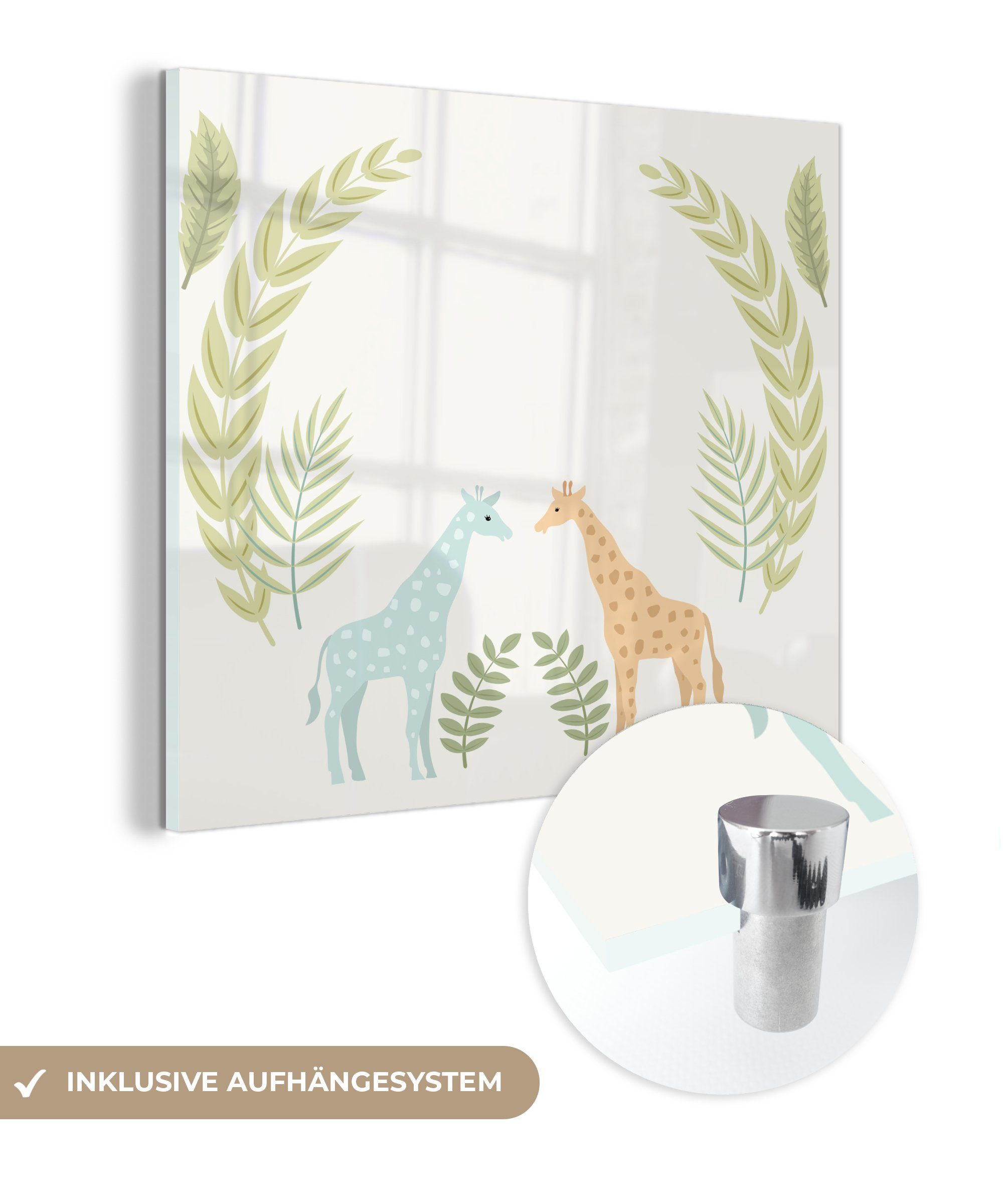 MuchoWow Acrylglasbild Illustration von Giraffen und Pflanzen, (1 St), Glasbilder - Bilder auf Glas Wandbild - Foto auf Glas - Wanddekoration