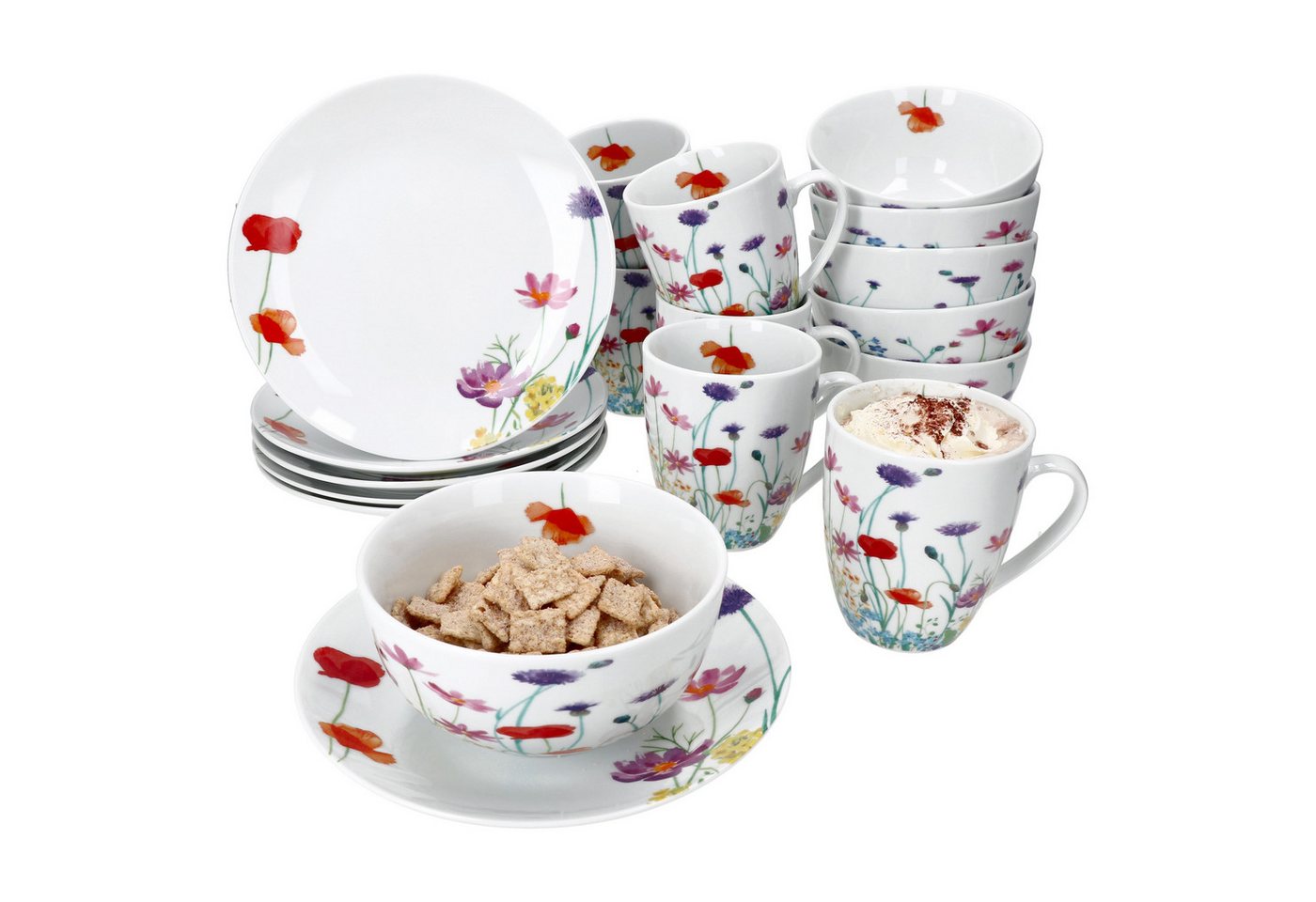 MamboCat Frühstücks-Geschirrset 12tlg Frühstücksset Marie Porzellan 6 Personen Teller Becher Schale, Porzellan