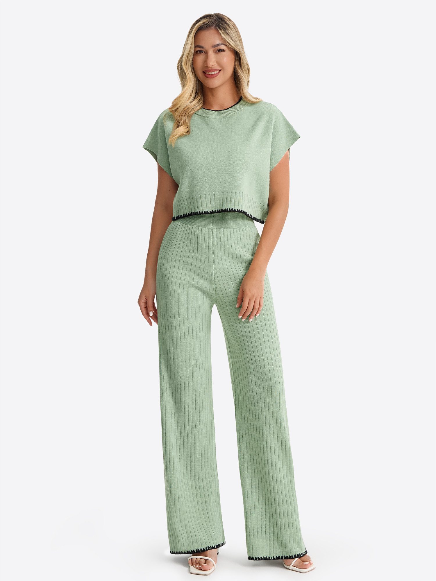 Imily Bela Hausanzug Damen 2-teiliges Strick-Set mit Kontrastbesatz (Set, 2 tlg., Rippstrick-Oberteil + Palazzo-Hose) mit KontrastpaspelDetails
