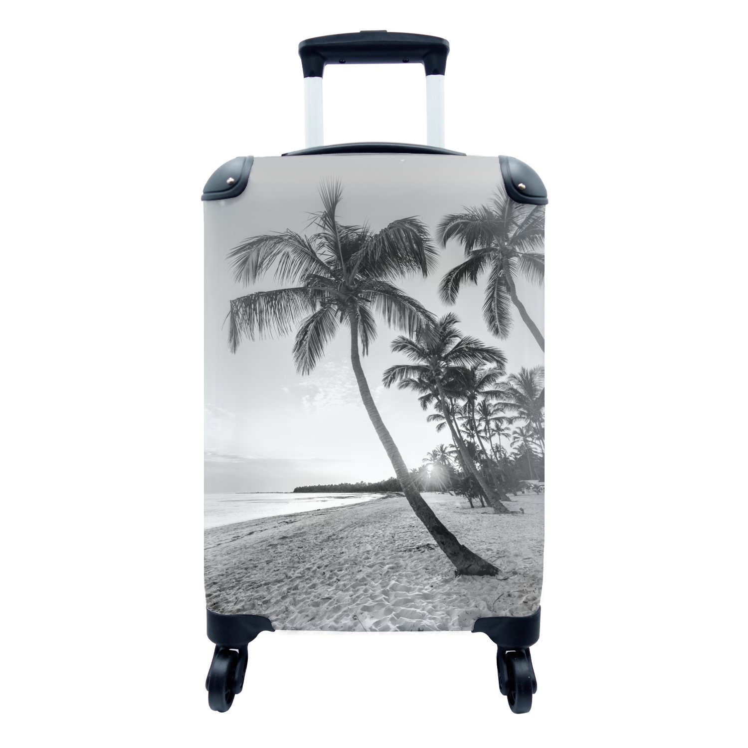 MuchoWow Handgepäckkoffer Sonnenuntergang an einem tropischen Strand - schwarz und weiß, 4 Rollen, Reisetasche mit rollen, Handgepäck für Ferien, Trolley, Reisekoffer