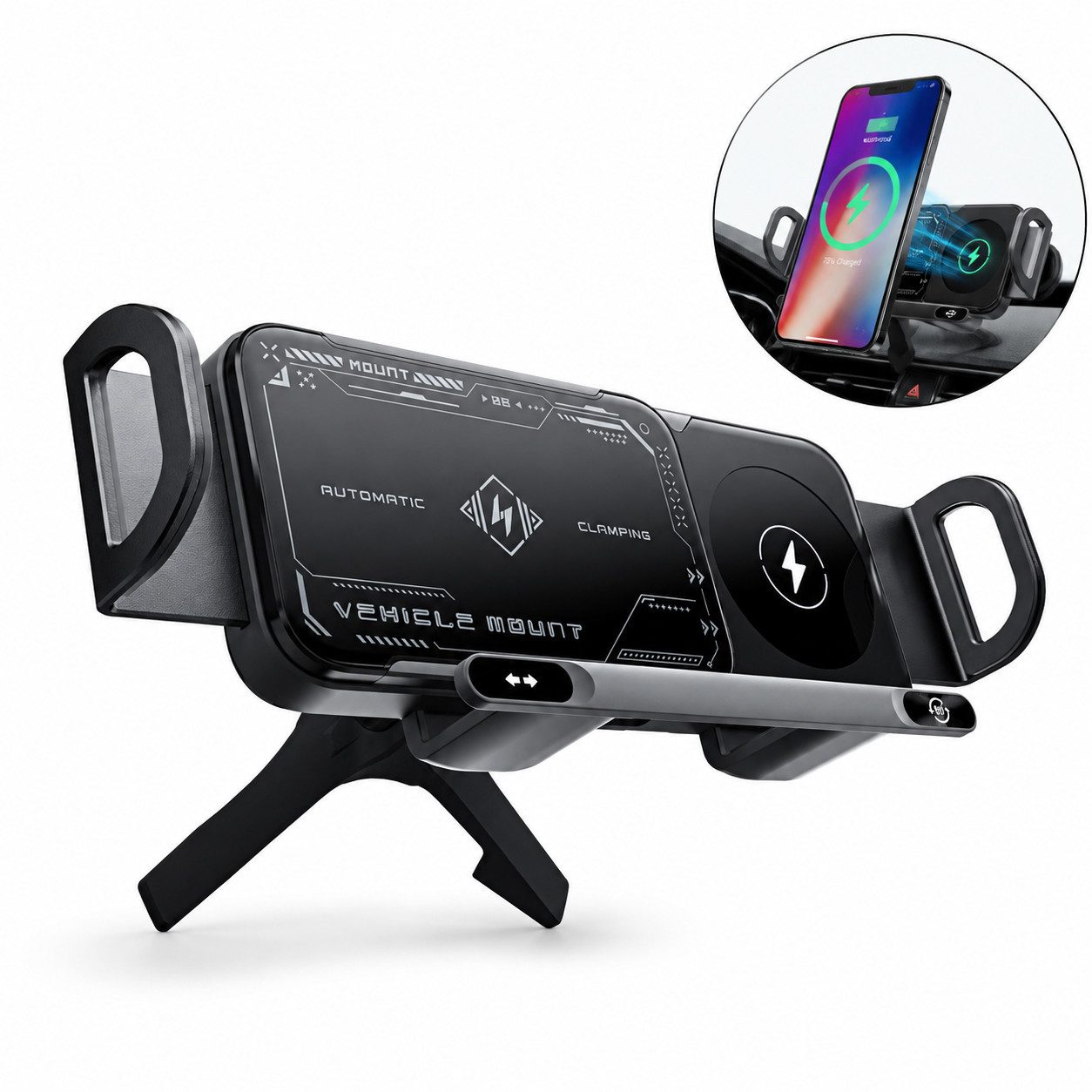 Fyrove Smartphone-Halterung Magnetische Auto Handyhalterung mit 15W Wireless Ladegerät Drehbar, (Intelligente Smartphone-Halterung mit Dual-Coil Induktion, 360° Rotation und automatischer Klemmfunktion, für unterwegs One-Touch Bedienung und faltbarem Design)