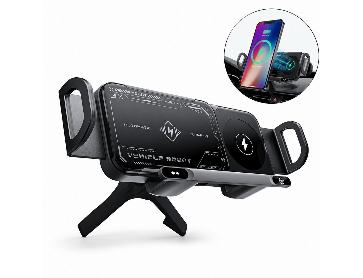 Fyrove Smartphone-Halterung Magnetische Auto Handyhalterung mit 15W Wireless Ladegerät Drehbar, (Intelligente Smartphone-Halterung mit Dual-Coil Induktion, 360° Rotation und automatischer Klemmfunktion, für unterwegs One-Touch Bedienung und faltbarem Desi