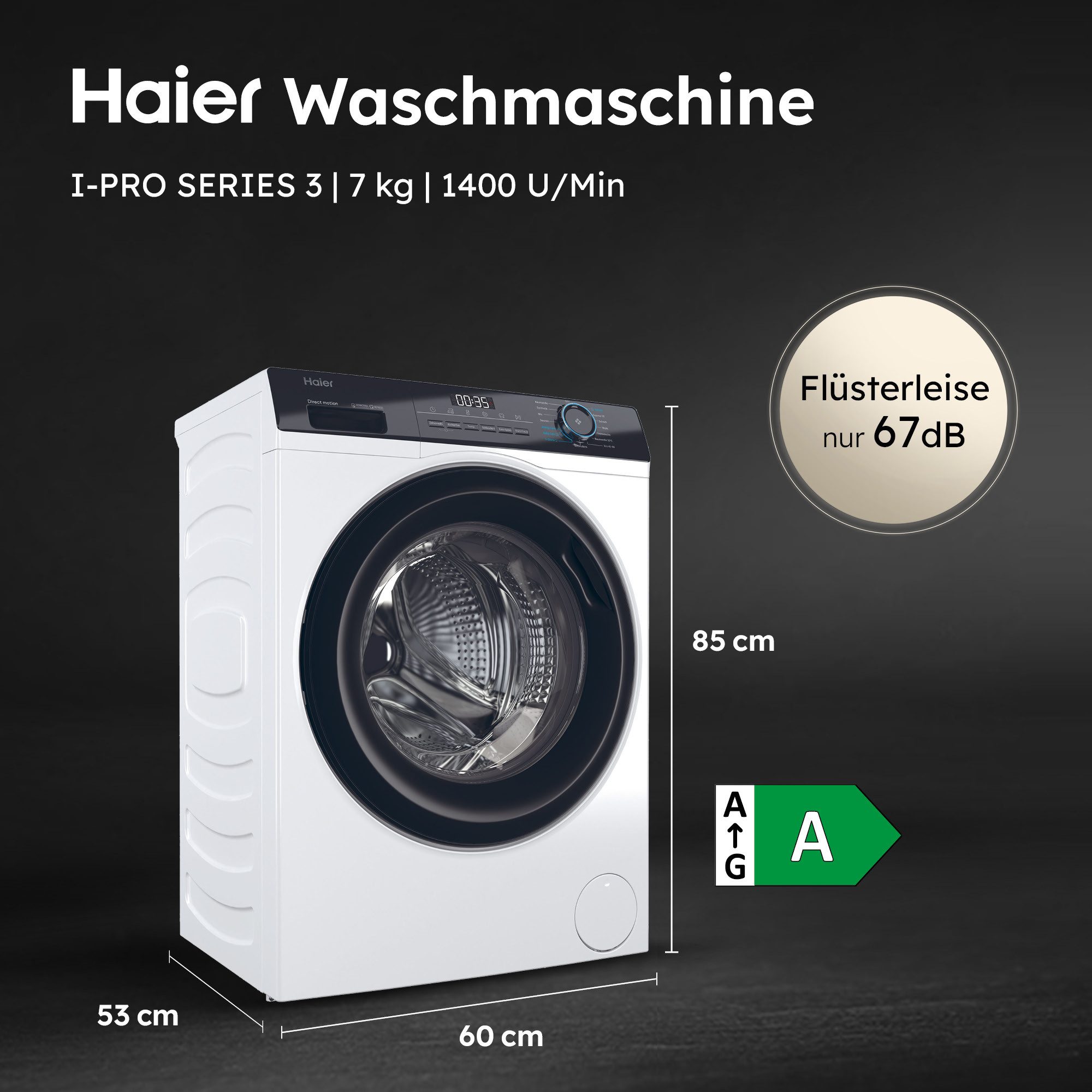 Haier Waschmaschine I PRO 3 HW70-B14929, 7 kg, 1400 U/min, 7 kg, 1400 U/min, Flüsterleiser Motor, Antibakterielle Technologie