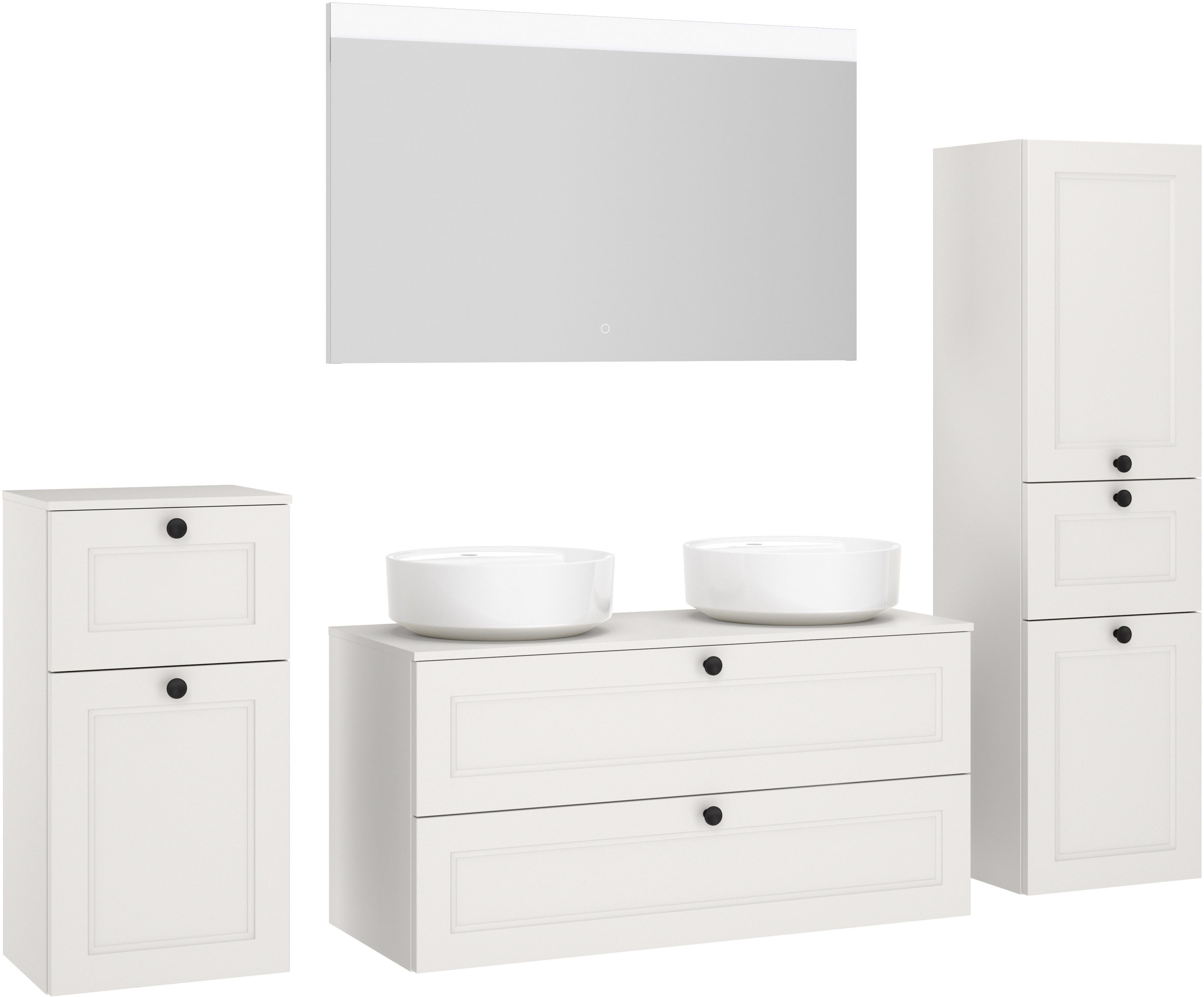 nobilia® Badmöbel-Set Cascada, (Set, 6-St., inkl. 2 Aufsatzwaschbecken und beleuchtetem Spiegel mit Touch-Sensor), vormontiert, mit Soft-Close