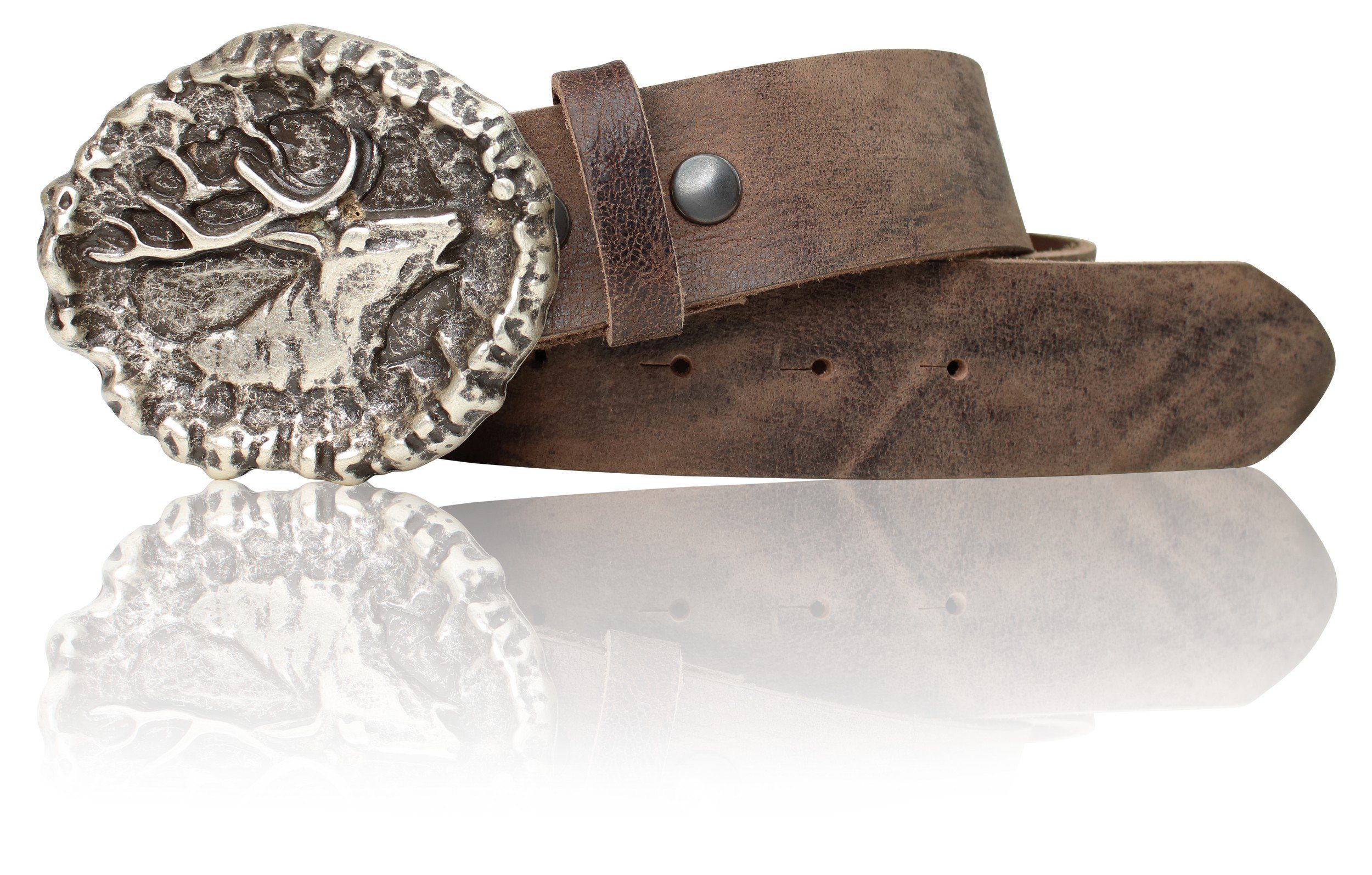 Hirschkopf großer 18190 echt Schnalle, Leder mit Koppelgürtel Vintage-braun FRONHOFER Trachtengürtel