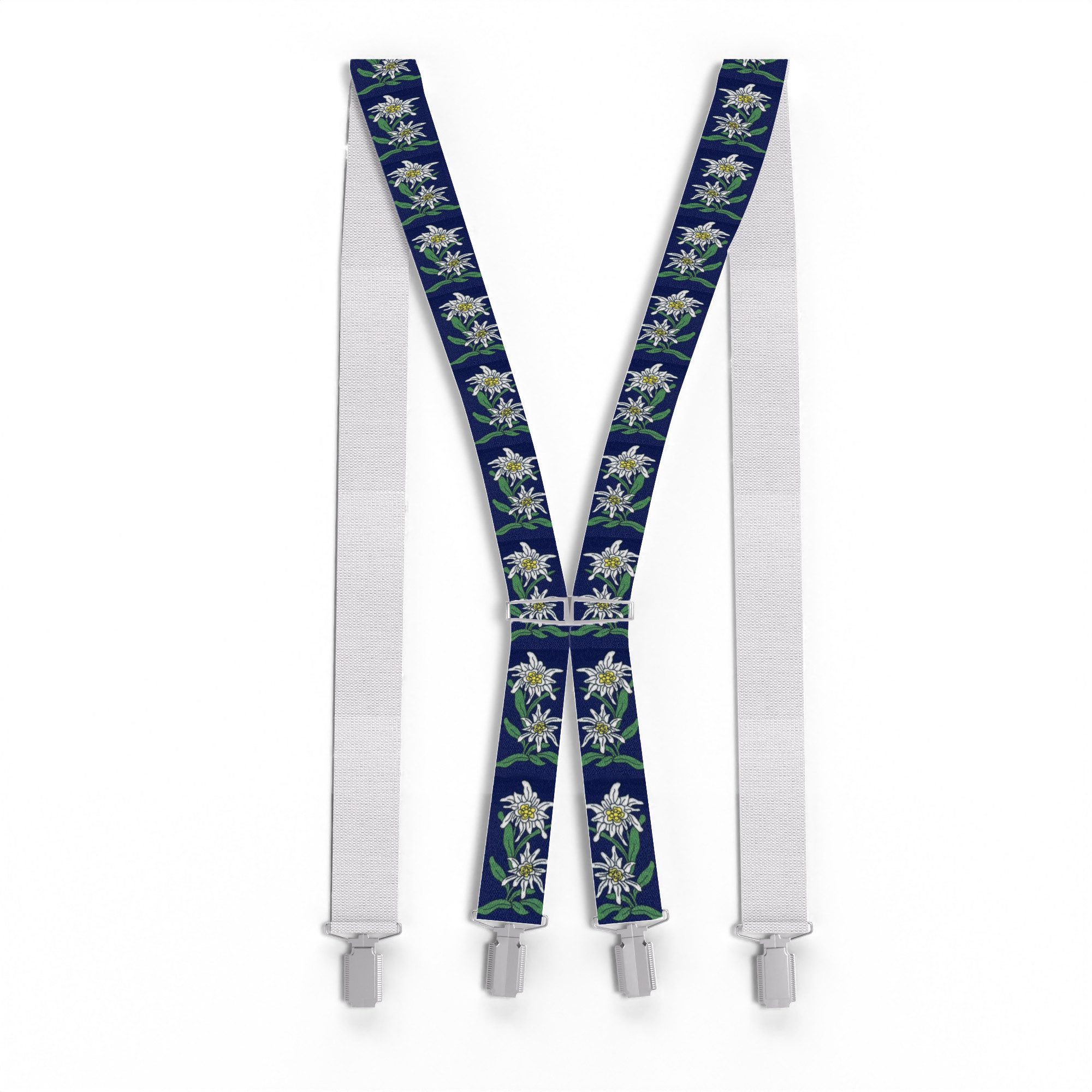 ZUKUNFTSENKEL Hosenträger Hosenträger Edelweiß 4 Clips 3,5cm Breite (Edelweiss Muster, X-Form) Rutschfest, Elastisch