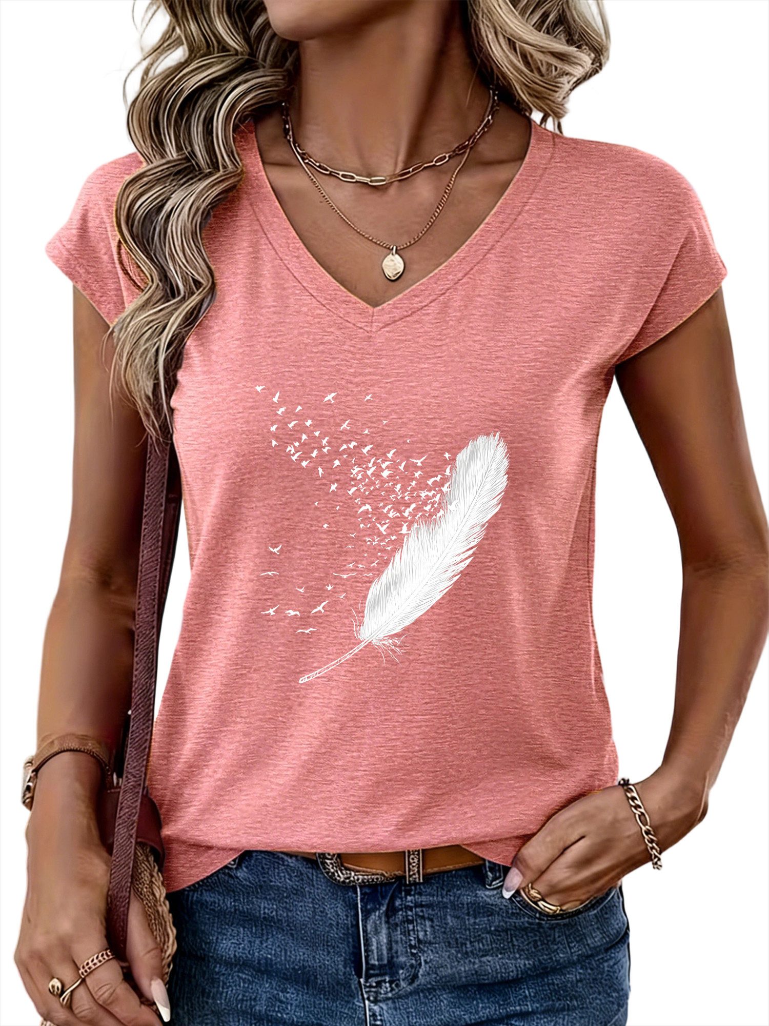 PYLIKE Tanktop Damen Sommer Casual bequemes Achselhemd mit Feder Print-Shir günstig online kaufen