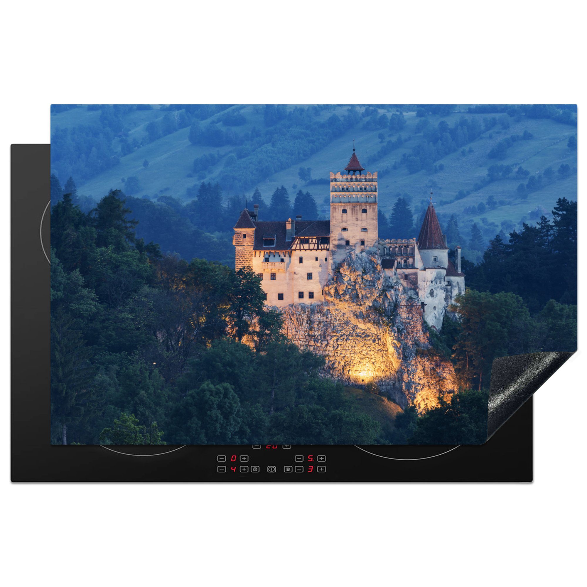 MuchoWow Herdblende-/Abdeckplatte Beleuchtetes Schloss in Rumänien, Vinyl, (1 tlg), 81x52 cm, Induktionskochfeld Schutz für die küche, Ceranfeldabdeckung