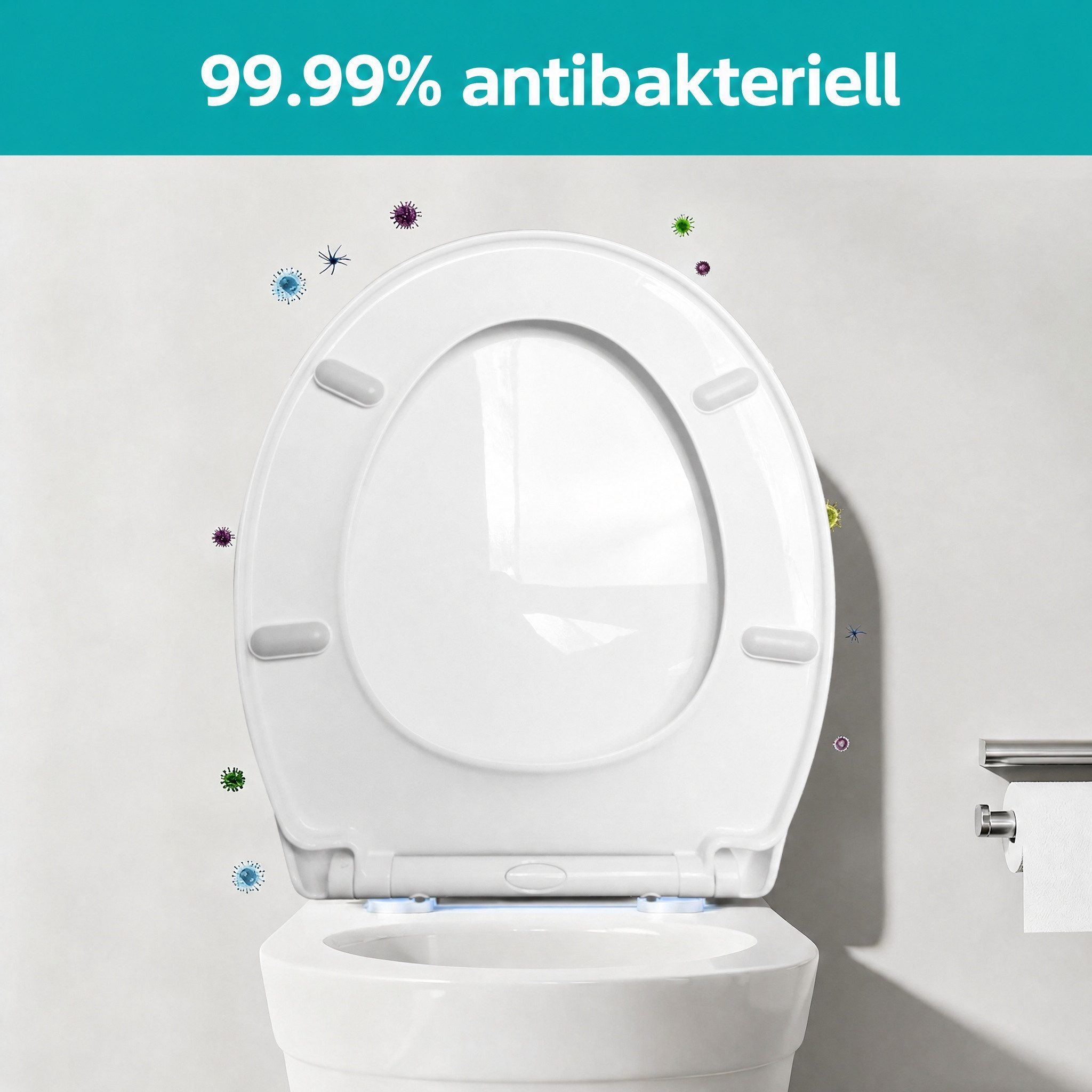 Blossom WC-Sitz Toilettendeckel mit Absenkautomatik, Quick Release, antibakteriell (WC Sitz mit Absenkautomatik, 360° verstellbare Scharniere), Toilettensitz für D-Form, O-Form & eckige WC-Becken, bis 150 kg