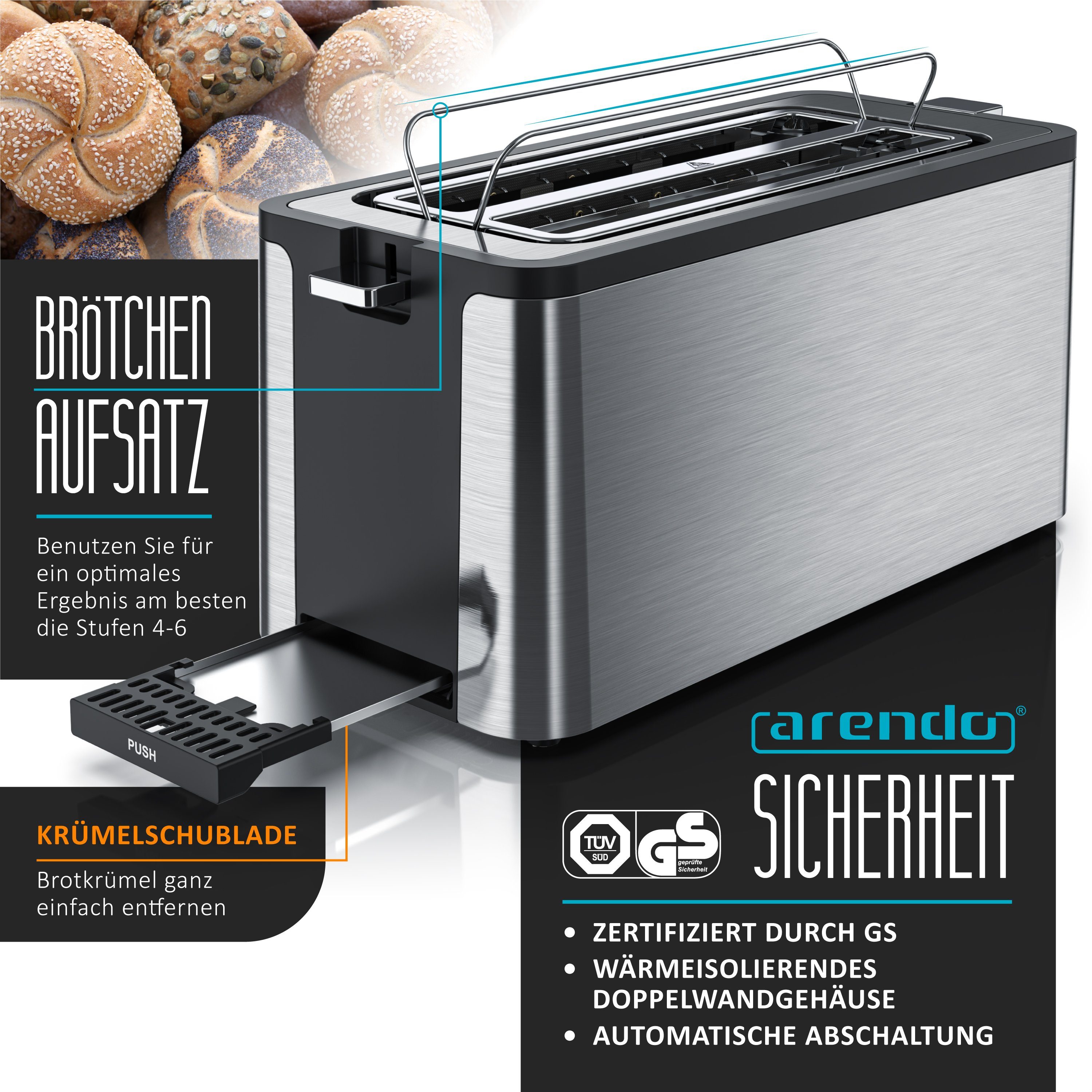 Arendo Toaster Edelstahl, Langschlitz, Display mit Restzeitanzeige, Brötchenaufsatz, 2 lange Schlitze, für 4 Scheiben, 1500 W, Defrost Funktion, Wärmeisolierendes Gehäuse, Krümelschublade