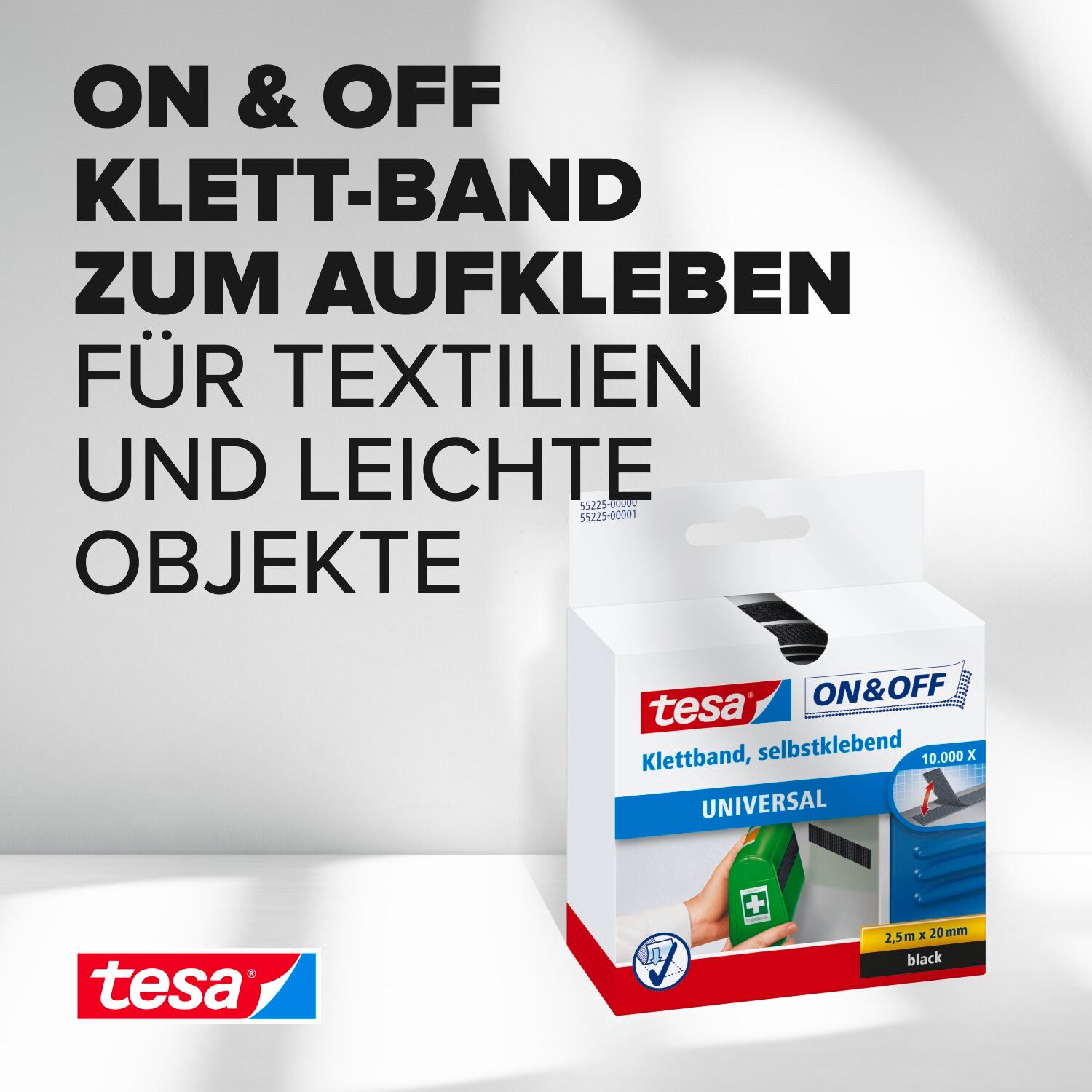 tesa Klett-Klebeband ON & OFF Extra Strong Klettband (Packung, 1-St) selbstklebendes Klettband - extra stark - schwarz - 2,5 m : 20 mm