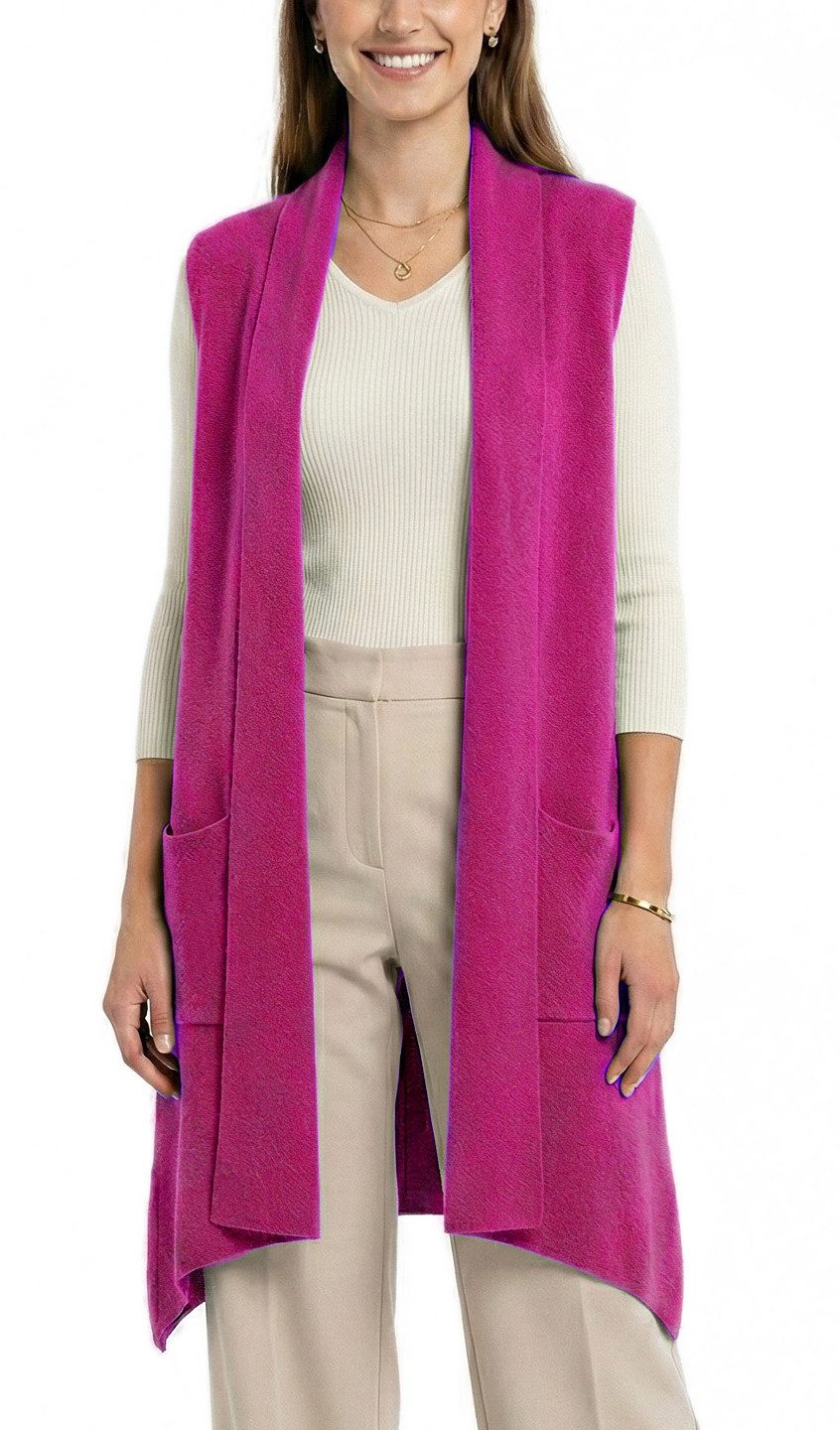 dy_mode Longweste Damen Strickweste lang Elegante Weste für die Übergangszeit in Unifarbe, ohne Verschluss, mit Vordertaschen