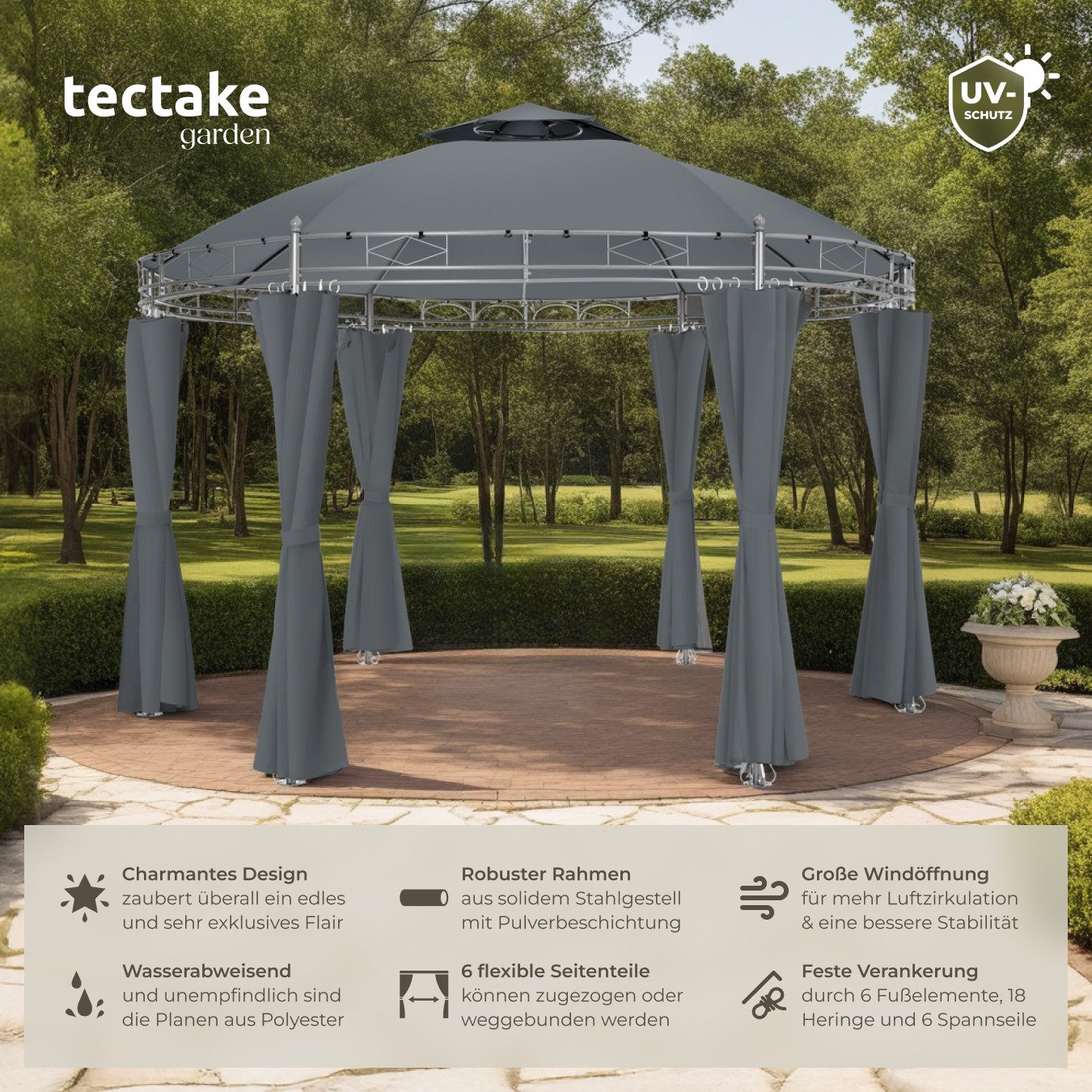 tectake Pavillon Rattan Gartenzelt Ø 3,5 m, inklusive Spannseilen und Heringen, mit 6 Seitenteilen, (Partyzelt Siana, in anthrazit), wasserabweisend, Doppeldachsystem, 6 Seitenteile, mit UV-Schutz 50+