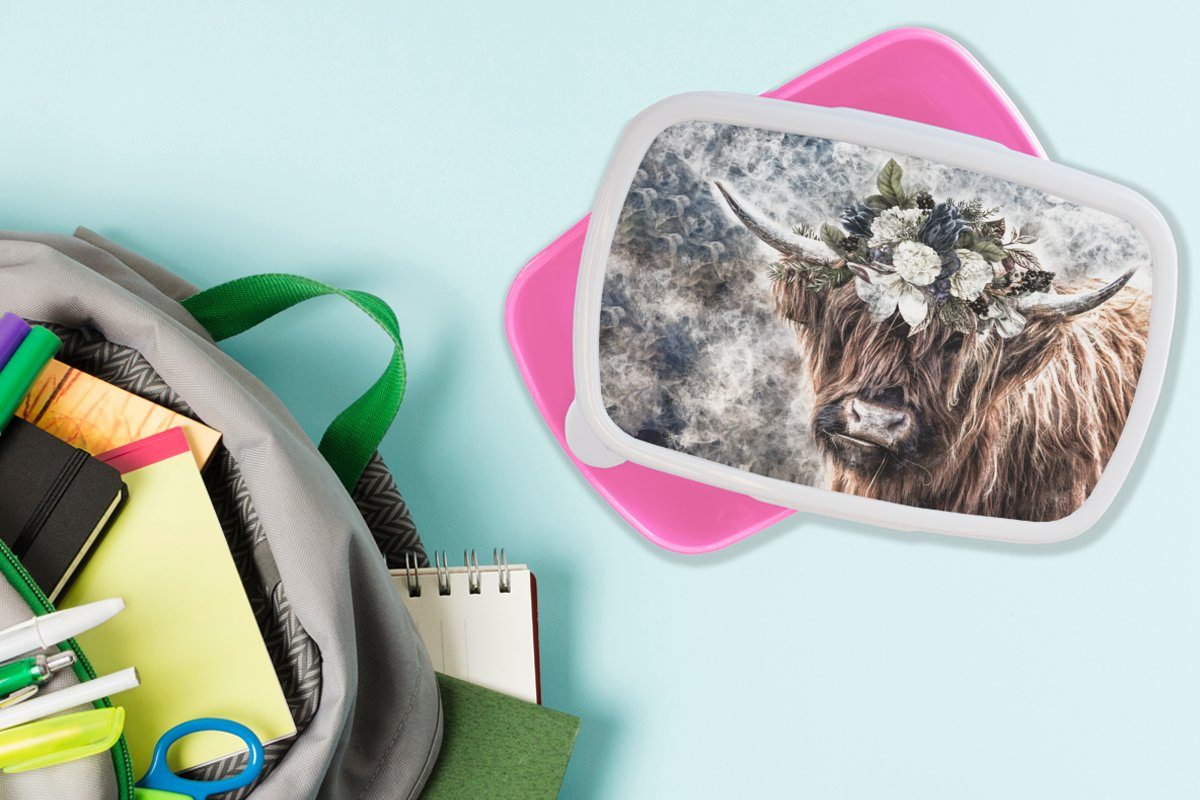 Blumen Brotdose Nebel, rosa Highlander Lunchbox Schottische Kunststoff, - Snackbox, für Mädchen, Brotbox Erwachsene, MuchoWow (2-tlg), Kinder, Kunststoff -