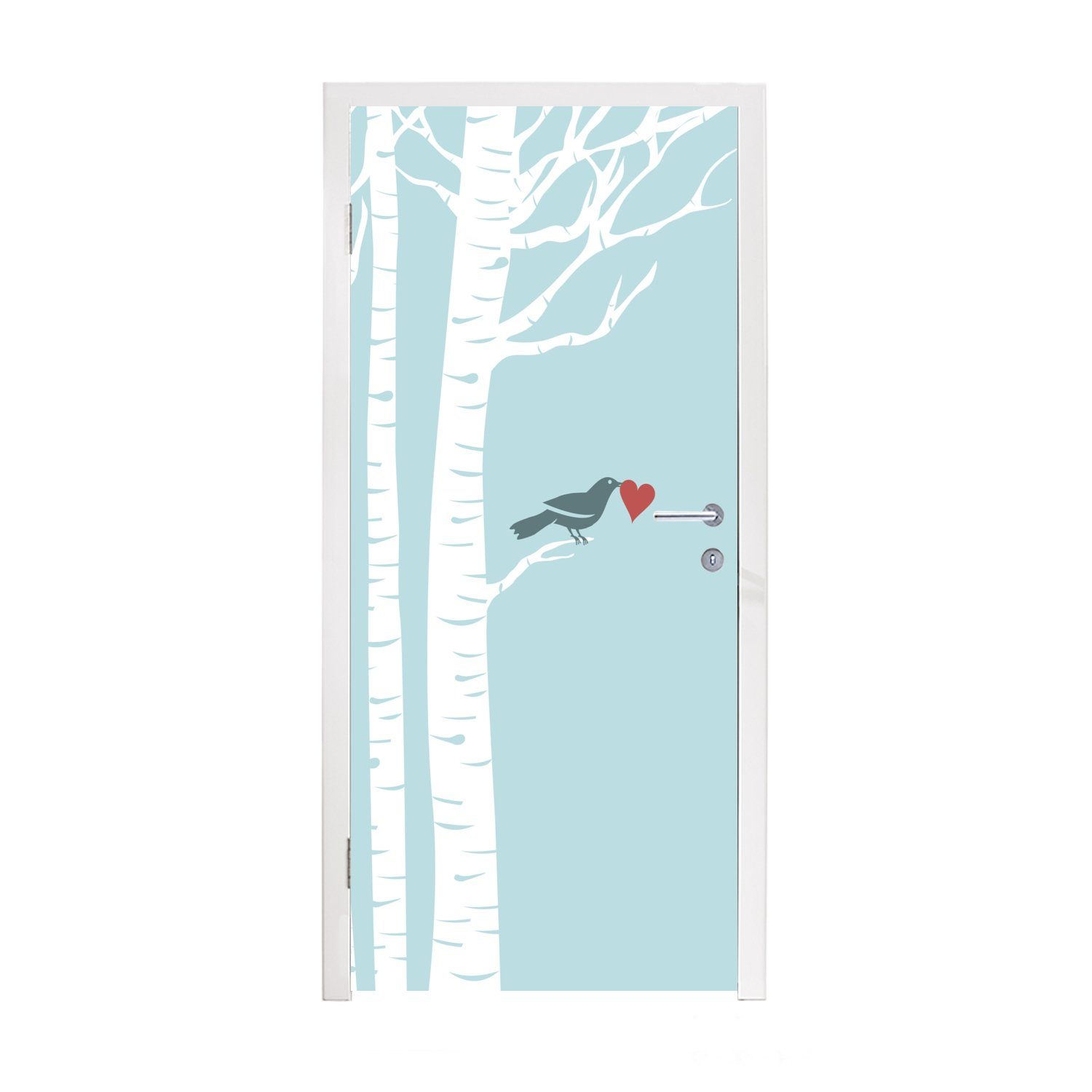 MuchoWow Türtapete Eine Illustration eines Vogels mit Herz in einer Birke, Matt, bedruckt, (1 St), Fototapete für Tür, Türaufkleber, 75x205 cm
