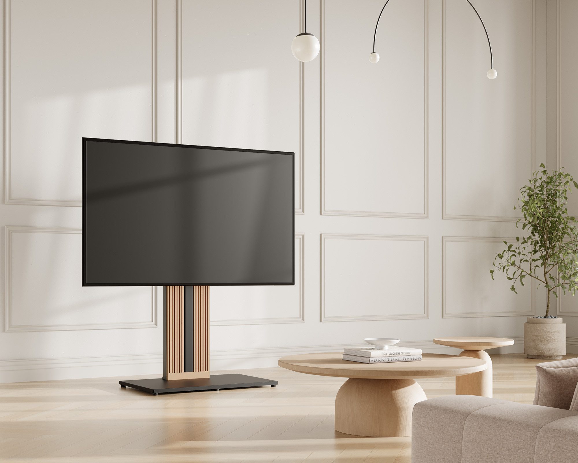 FITUEYES TV-Ständer aus Holz, mit höhenverstellbarer Ablage, ±15° schwenkbar, 55-88 Zoll, (bis 88,00 Zoll, höhenverstellbar, mit Kabelmanagement) – Bild 4 von 5