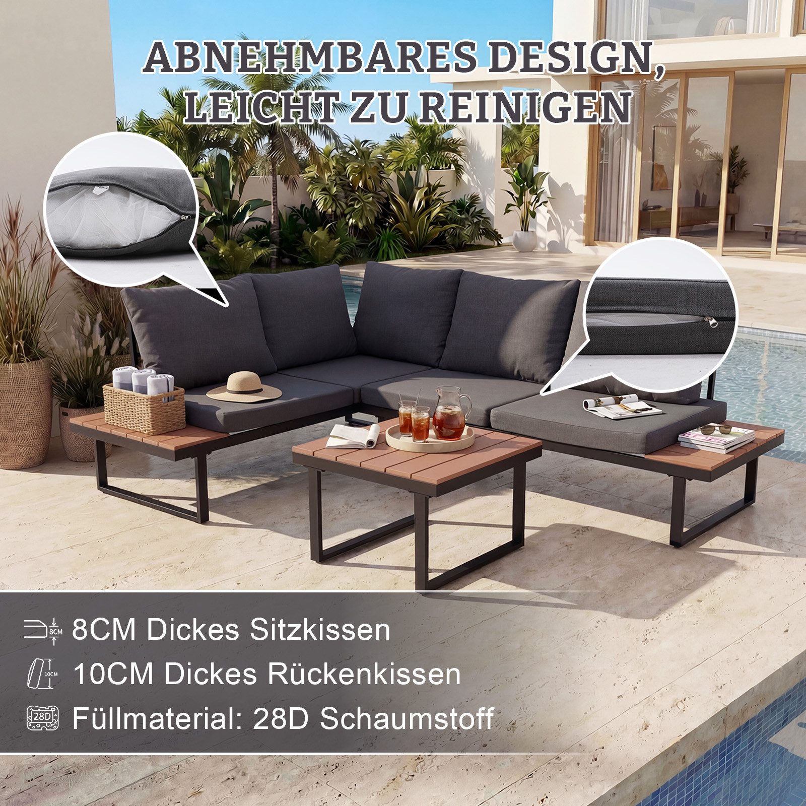 HOMAVO Gartenlounge-Set mit Couchtisch, Ecksofa in L-Form, wasser- und sonnenschutzbeständig, mit Sofaabdeckungen wasserfest, für Terrasse, Balkon und Garten