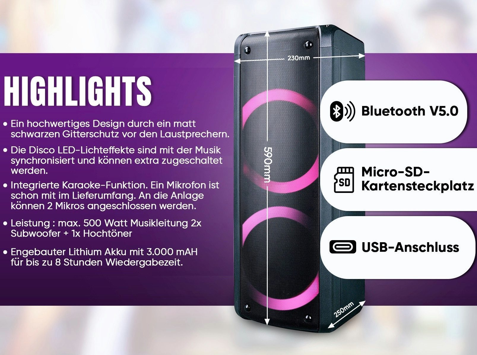 Reflexion PS09BT mit rotierenden Lichteffekten Party-Lautsprecher Stereo (Bluetooth, 500 W, Bluetooth, Radio, Karaoke, Disco-Licht Effekte, Micro-SD Slot)