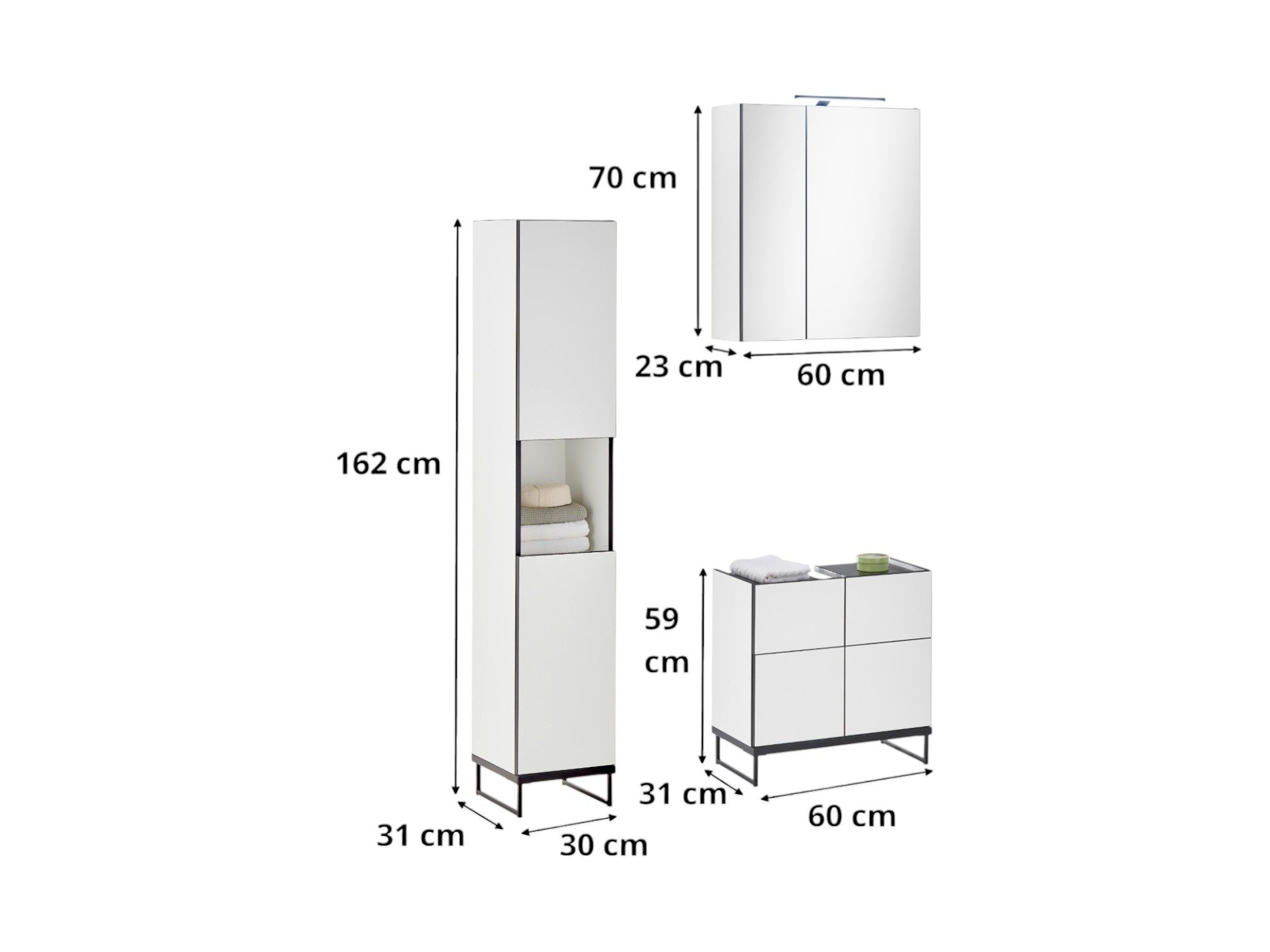moebel-dich-auf Badmöbel-Set VENEZIA, (Set 2, 3-St., Hochschrank, Spiegelschrank, Waschbeckenunterschrank), weiß matt, Absetzung: schwarz