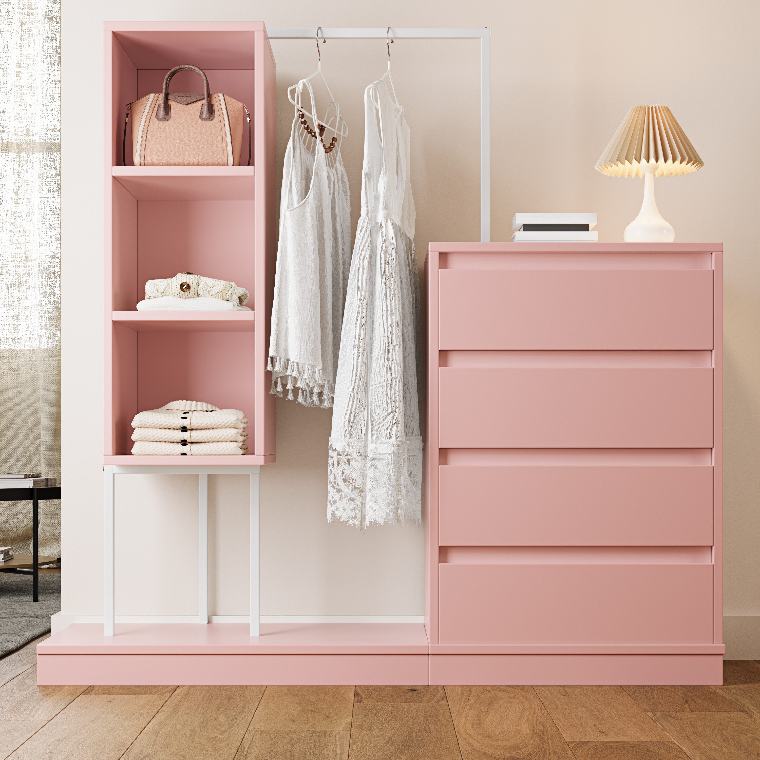 Flieks Garderoben-Set Kleiderschrank mit 3 offener Fächern, Kommode mit 4 Schubladen, (1-St., B140/W40/H135 cm), Schubladenschrank Kleiderstange-Set mit Stauraum Flurmöbel Rosa